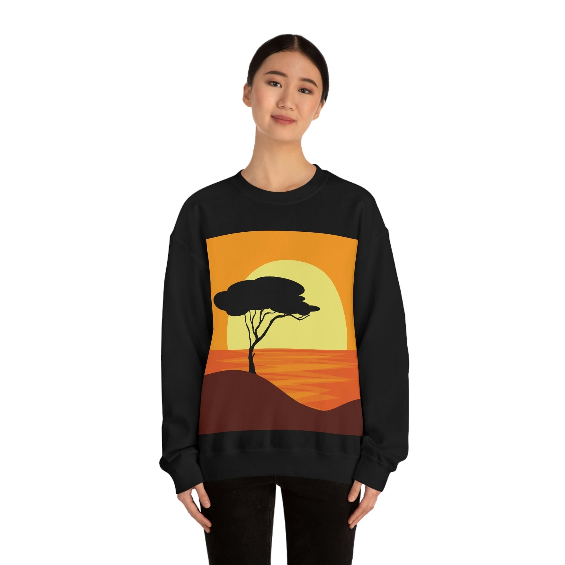 Africa Savanna Sunset Minimal Art Landscape View Unisex Heavy Blend™ Crewneck Sweatshirt Ichaku [Perfect Gifts Selection]