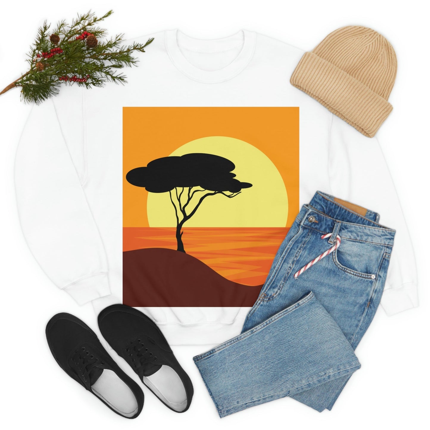 Africa Savanna Sunset Minimal Art Landscape View Unisex Heavy Blend™ Crewneck Sweatshirt Ichaku [Perfect Gifts Selection]