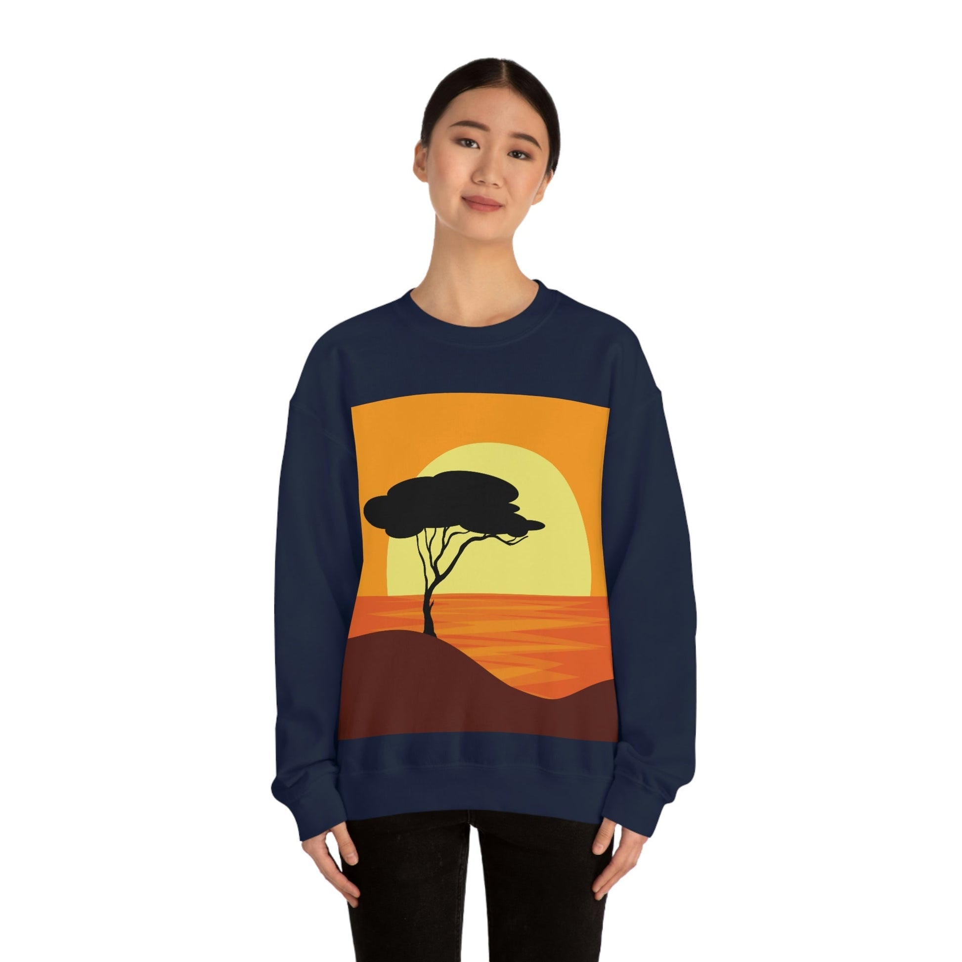 Africa Savanna Sunset Minimal Art Landscape View Unisex Heavy Blend™ Crewneck Sweatshirt Ichaku [Perfect Gifts Selection]