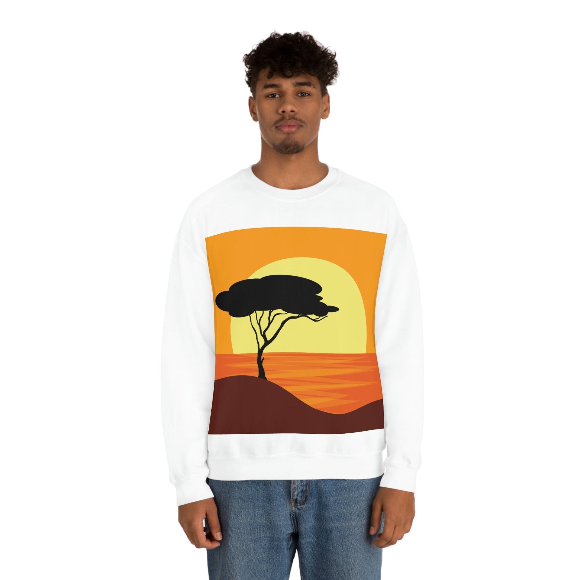 Africa Savanna Sunset Minimal Art Landscape View Unisex Heavy Blend™ Crewneck Sweatshirt Ichaku [Perfect Gifts Selection]