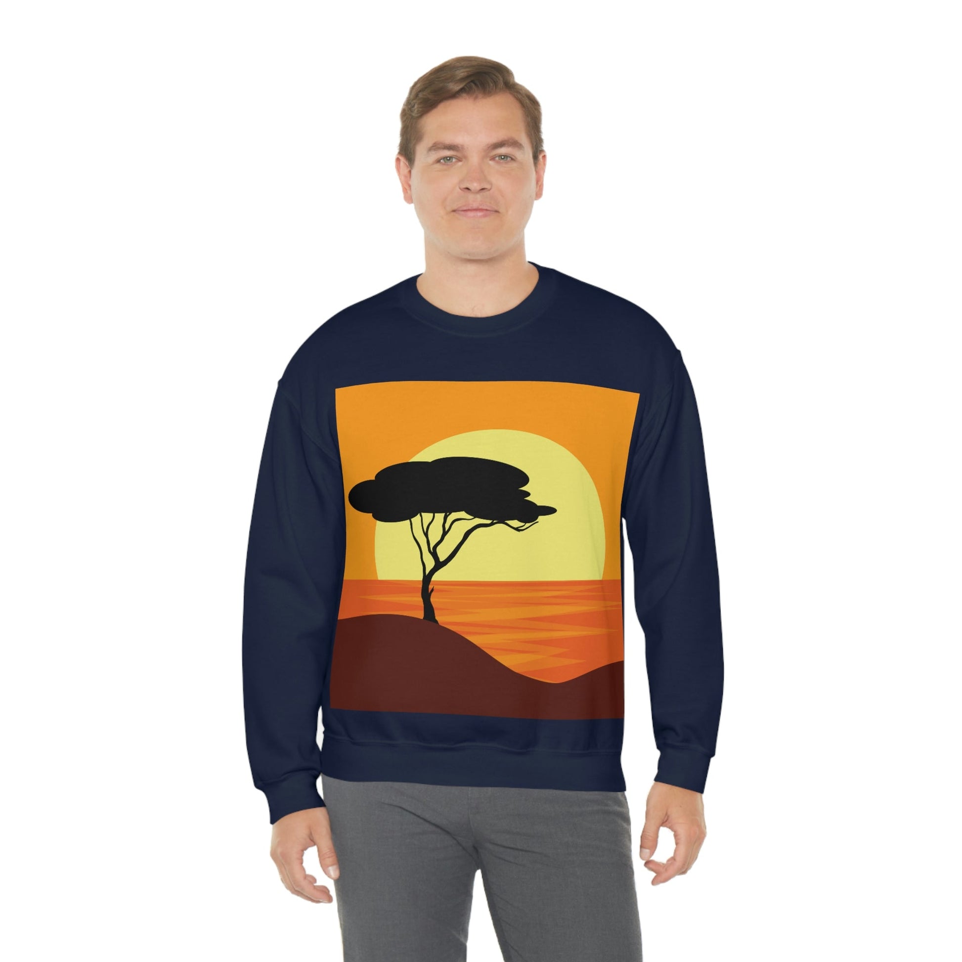 Africa Savanna Sunset Minimal Art Landscape View Unisex Heavy Blend™ Crewneck Sweatshirt Ichaku [Perfect Gifts Selection]