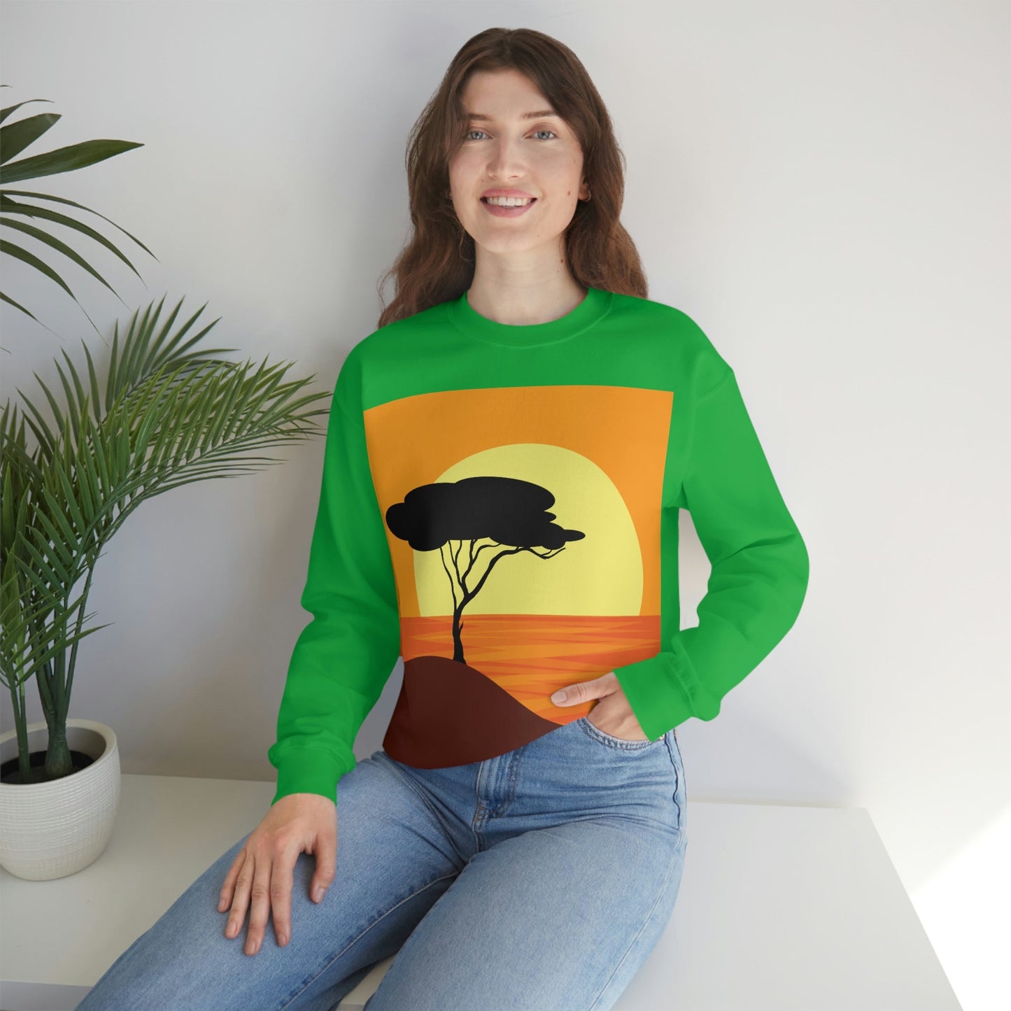 Africa Savanna Sunset Minimal Art Landscape View Unisex Heavy Blend™ Crewneck Sweatshirt Ichaku [Perfect Gifts Selection]