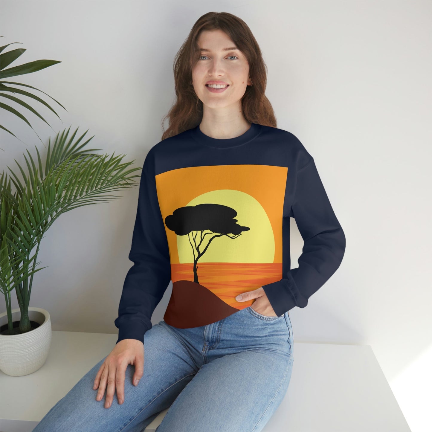 Africa Savanna Sunset Minimal Art Landscape View Unisex Heavy Blend™ Crewneck Sweatshirt Ichaku [Perfect Gifts Selection]