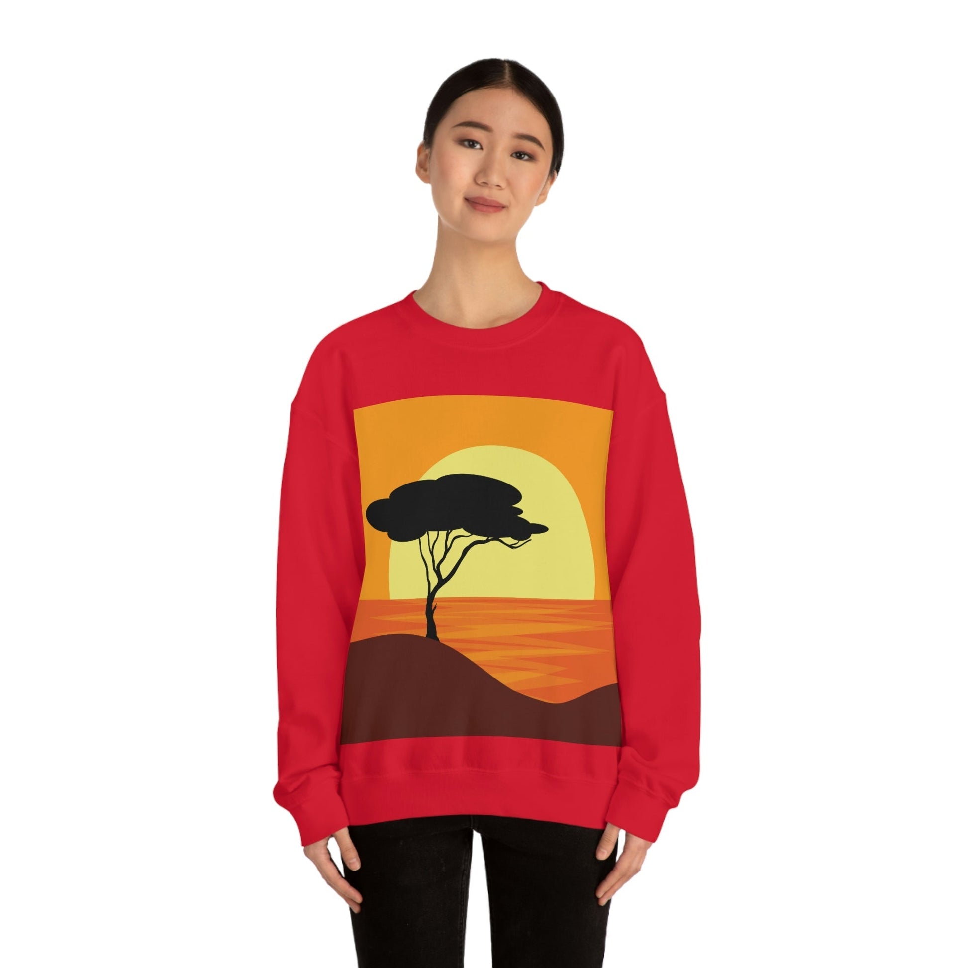 Africa Savanna Sunset Minimal Art Landscape View Unisex Heavy Blend™ Crewneck Sweatshirt Ichaku [Perfect Gifts Selection]