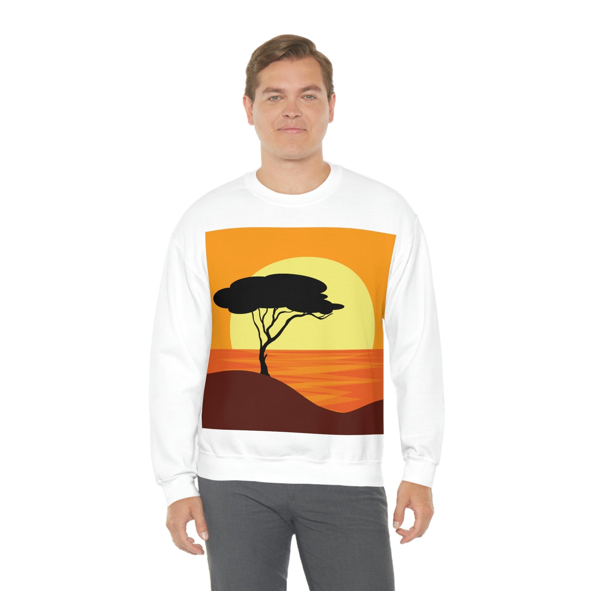 Africa Savanna Sunset Minimal Art Landscape View Unisex Heavy Blend™ Crewneck Sweatshirt Ichaku [Perfect Gifts Selection]