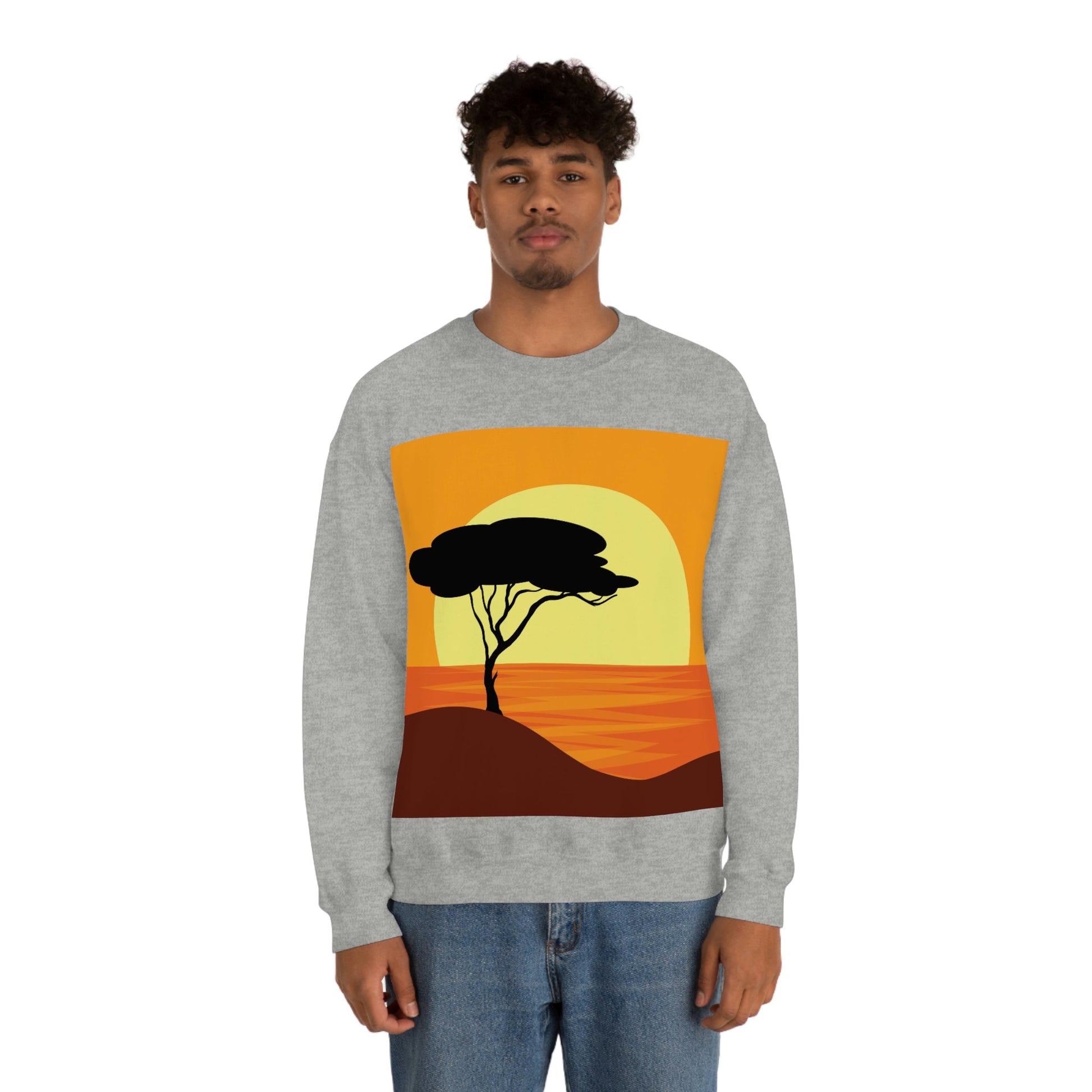 Africa Savanna Sunset Minimal Art Landscape View Unisex Heavy Blend™ Crewneck Sweatshirt Ichaku [Perfect Gifts Selection]