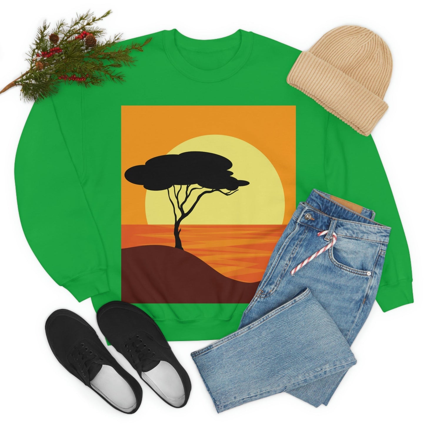 Africa Savanna Sunset Minimal Art Landscape View Unisex Heavy Blend™ Crewneck Sweatshirt Ichaku [Perfect Gifts Selection]