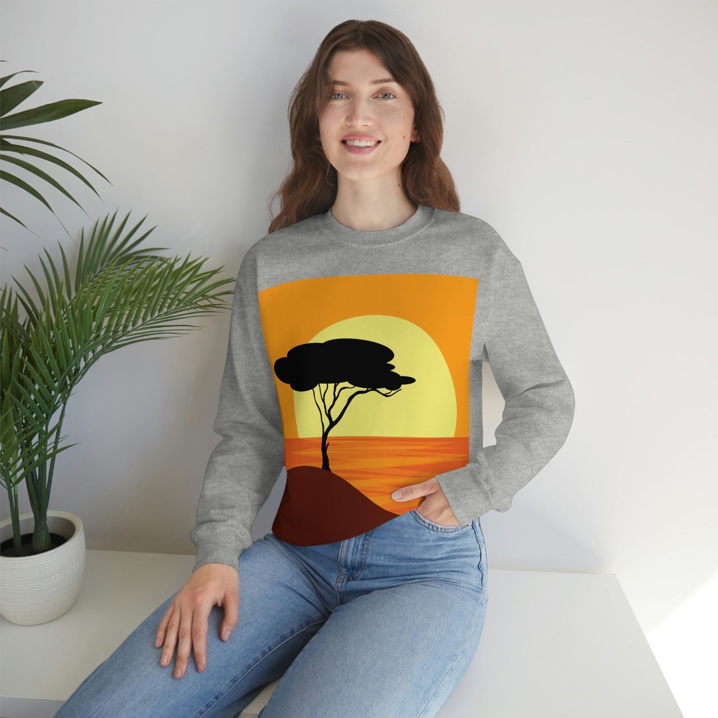 Africa Savanna Sunset Minimal Art Landscape View Unisex Heavy Blend™ Crewneck Sweatshirt Ichaku [Perfect Gifts Selection]