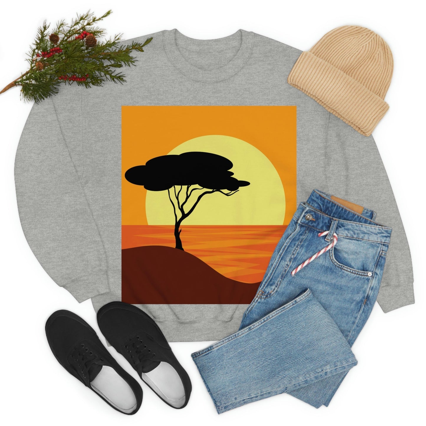 Africa Savanna Sunset Minimal Art Landscape View Unisex Heavy Blend™ Crewneck Sweatshirt Ichaku [Perfect Gifts Selection]