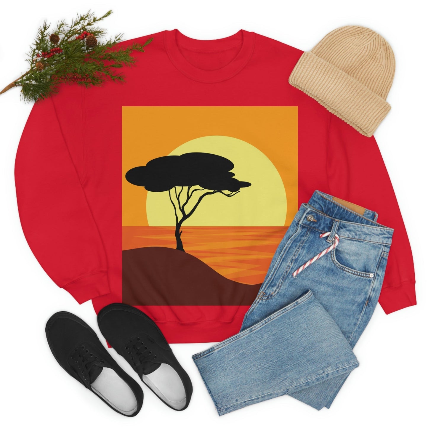 Africa Savanna Sunset Minimal Art Landscape View Unisex Heavy Blend™ Crewneck Sweatshirt Ichaku [Perfect Gifts Selection]