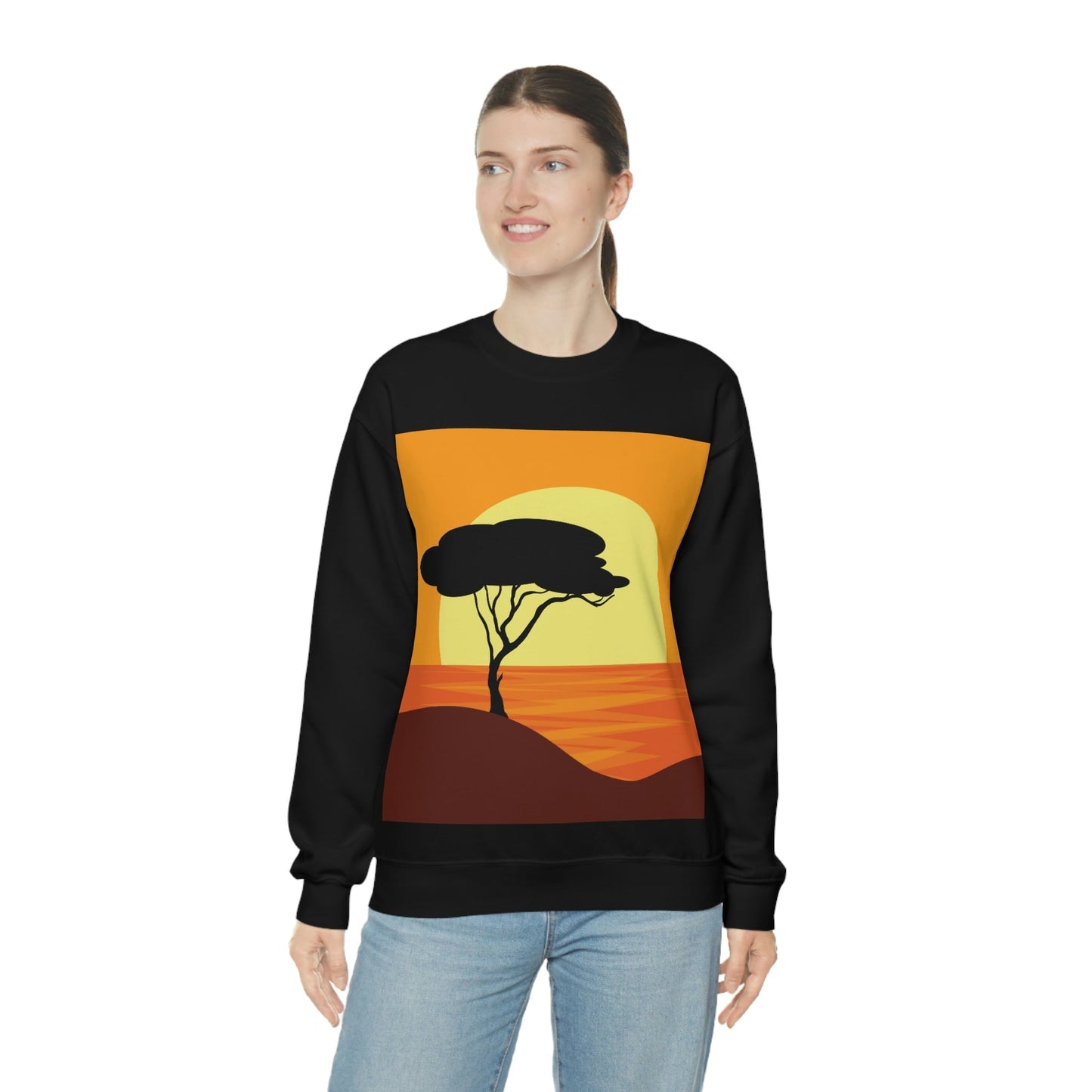 Africa Savanna Sunset Minimal Art Landscape View Unisex Heavy Blend™ Crewneck Sweatshirt Ichaku [Perfect Gifts Selection]