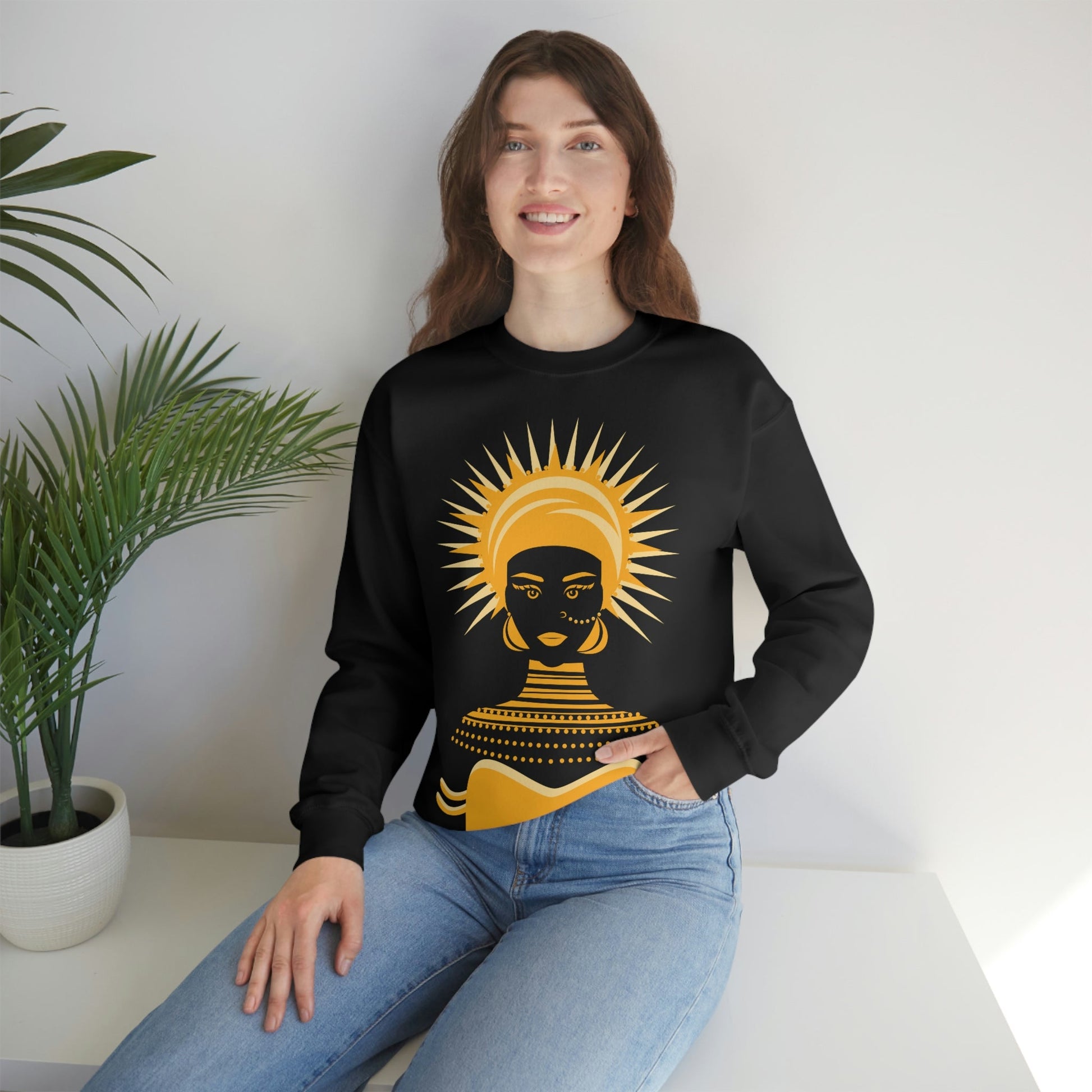 African Traditional Women Gold Portrait Unisex Heavy Blend™ Crewneck Sweatshirt Ichaku [Perfect Gifts Selection]