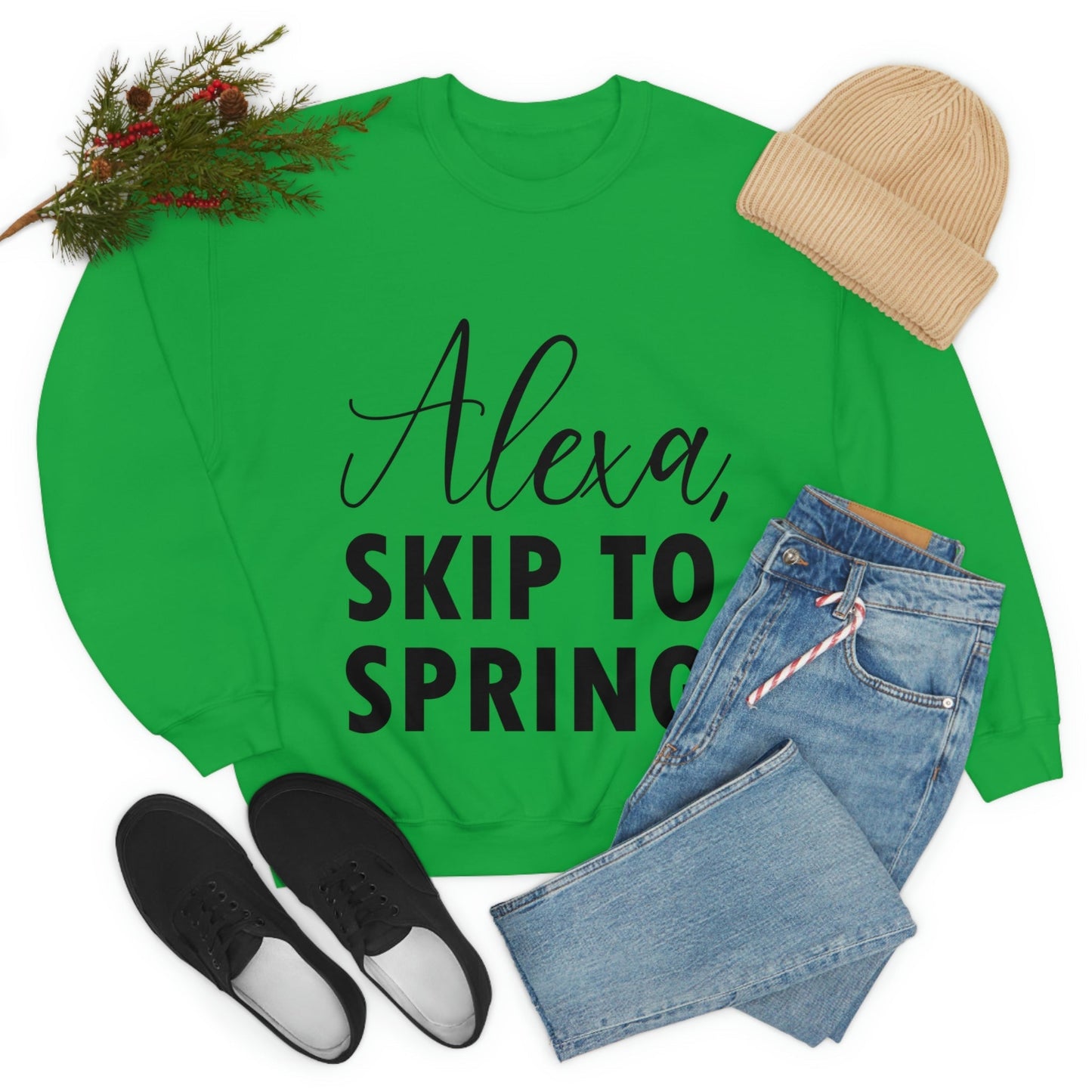 Alexa Skip to Spring Humor Saying Quotes White Text Unisex Heavy Blend™ Crewneck Sweatshirt Ichaku [Perfect Gifts Selection]