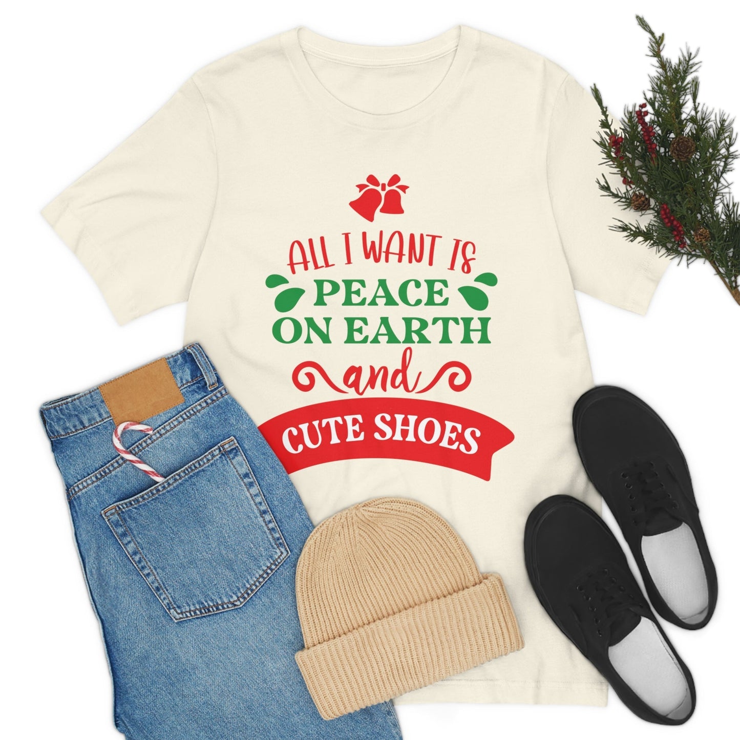 All You Need is Peace on Earth And Cute Shoes Funny Fashion Jokes Unisex Jersey Short Sleeve T-Shirt Ichaku [Perfect Gifts Selection]