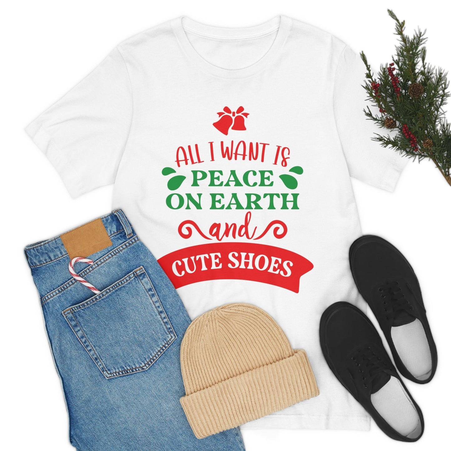 All You Need is Peace on Earth And Cute Shoes Funny Fashion Jokes Unisex Jersey Short Sleeve T-Shirt Ichaku [Perfect Gifts Selection]