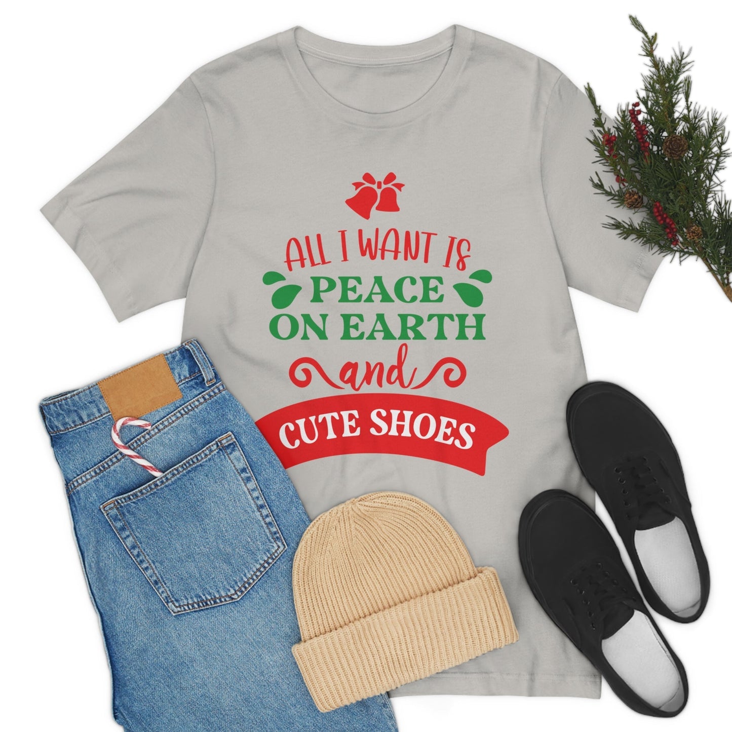 All You Need is Peace on Earth And Cute Shoes Funny Fashion Jokes Unisex Jersey Short Sleeve T-Shirt Ichaku [Perfect Gifts Selection]