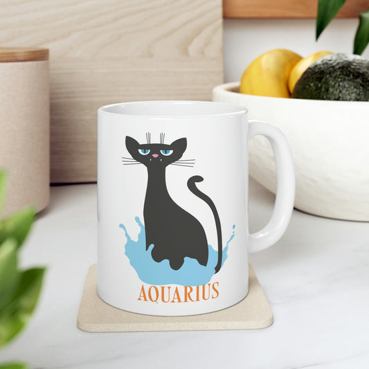 Aquarius Cat Zodiac Sign Ceramic Mug 11oz Ichaku [Perfect Gifts Selection]