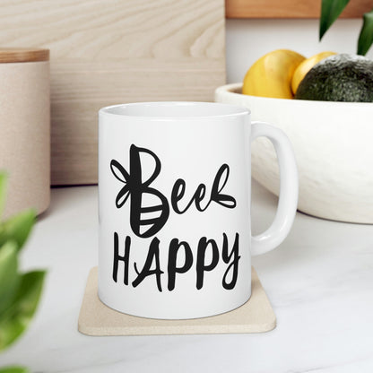 Bee Happy Positive Motivational Slogans Ceramic Mug 11oz Ichaku [Perfect Gifts Selection]