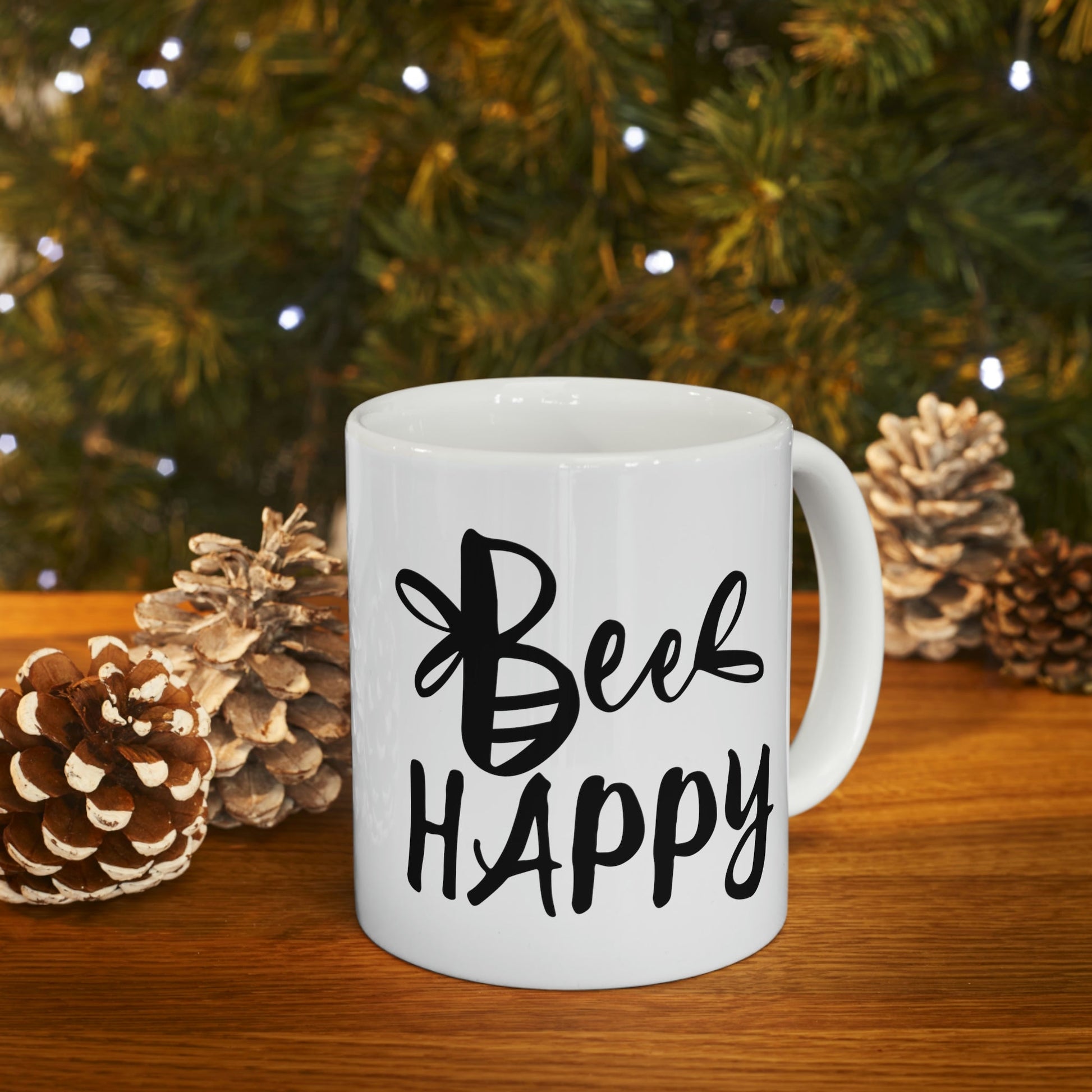 Bee Happy Positive Motivational Slogans Ceramic Mug 11oz Ichaku [Perfect Gifts Selection]