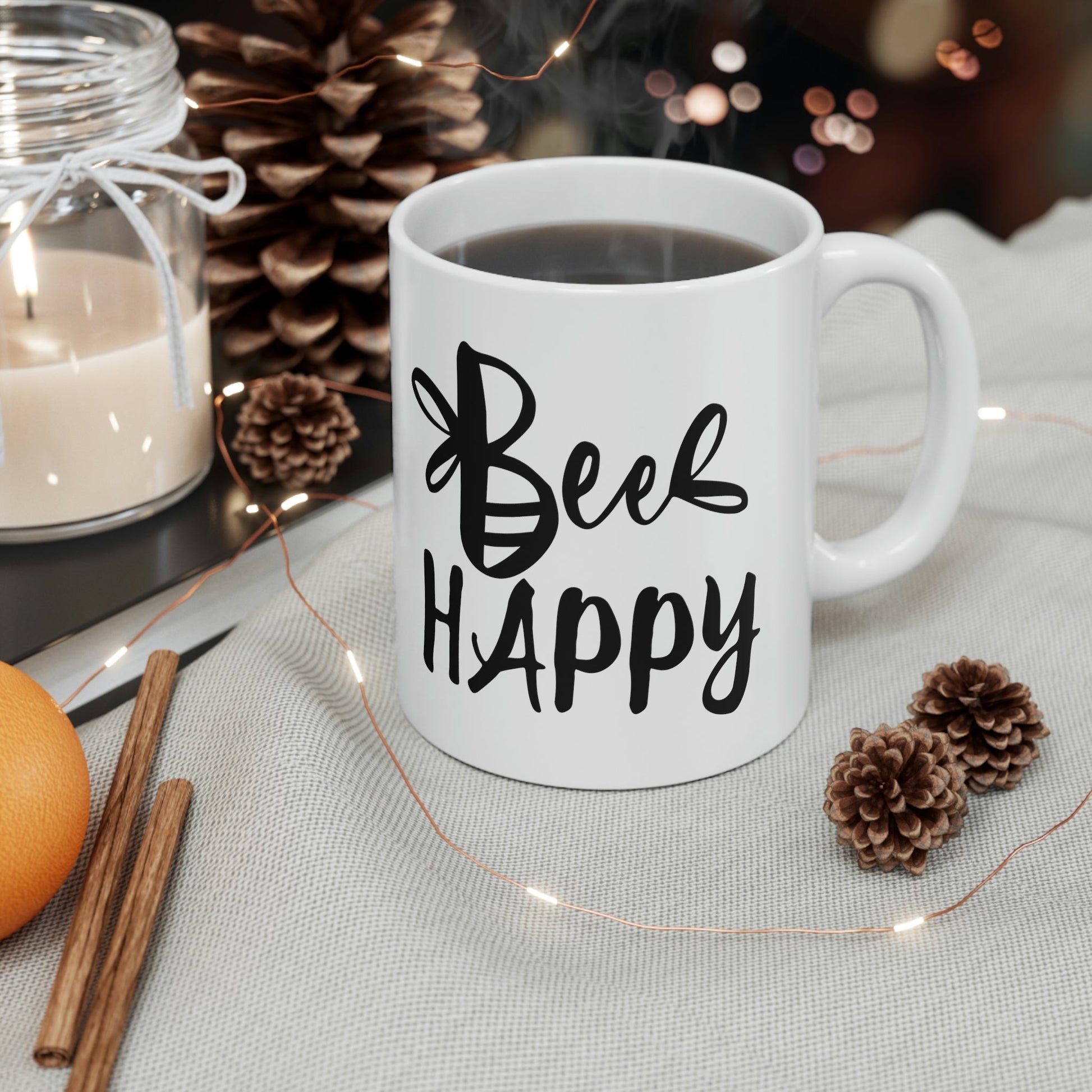 Bee Happy Positive Motivational Slogans Ceramic Mug 11oz Ichaku [Perfect Gifts Selection]