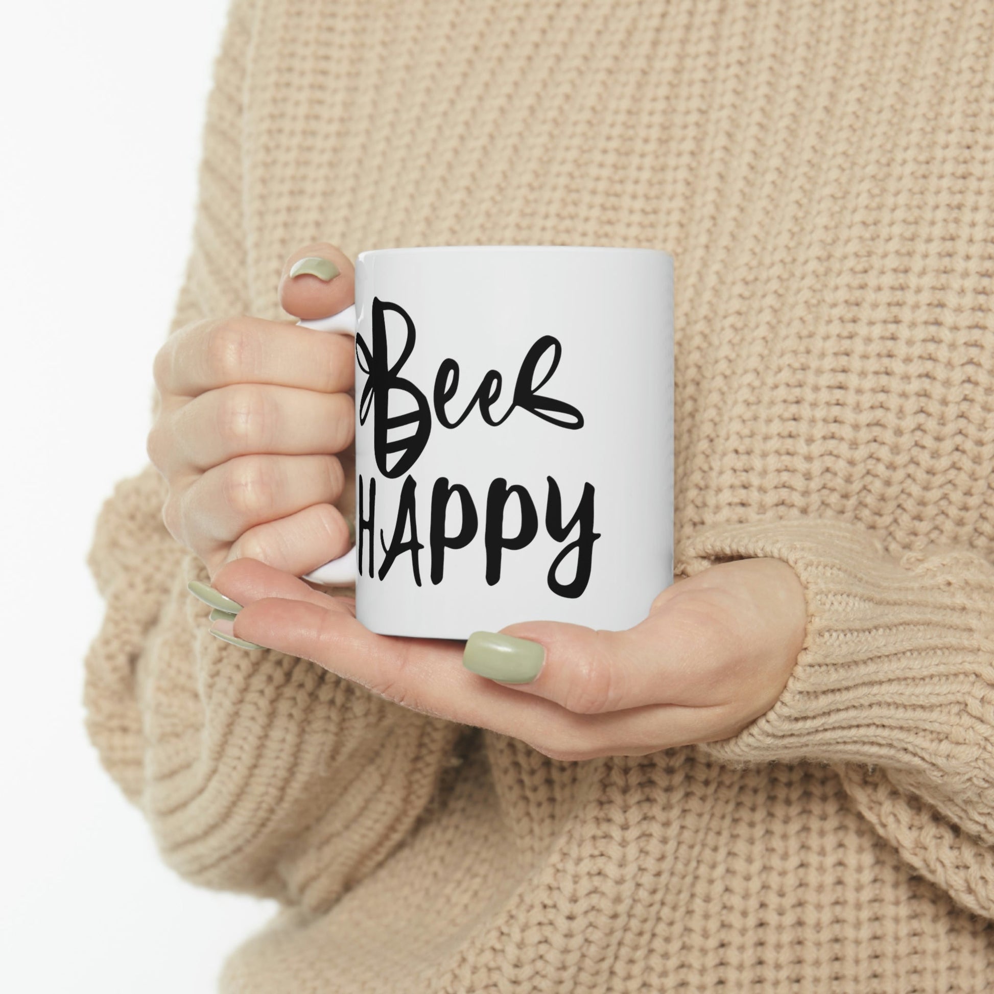 Bee Happy Positive Motivational Slogans Ceramic Mug 11oz Ichaku [Perfect Gifts Selection]