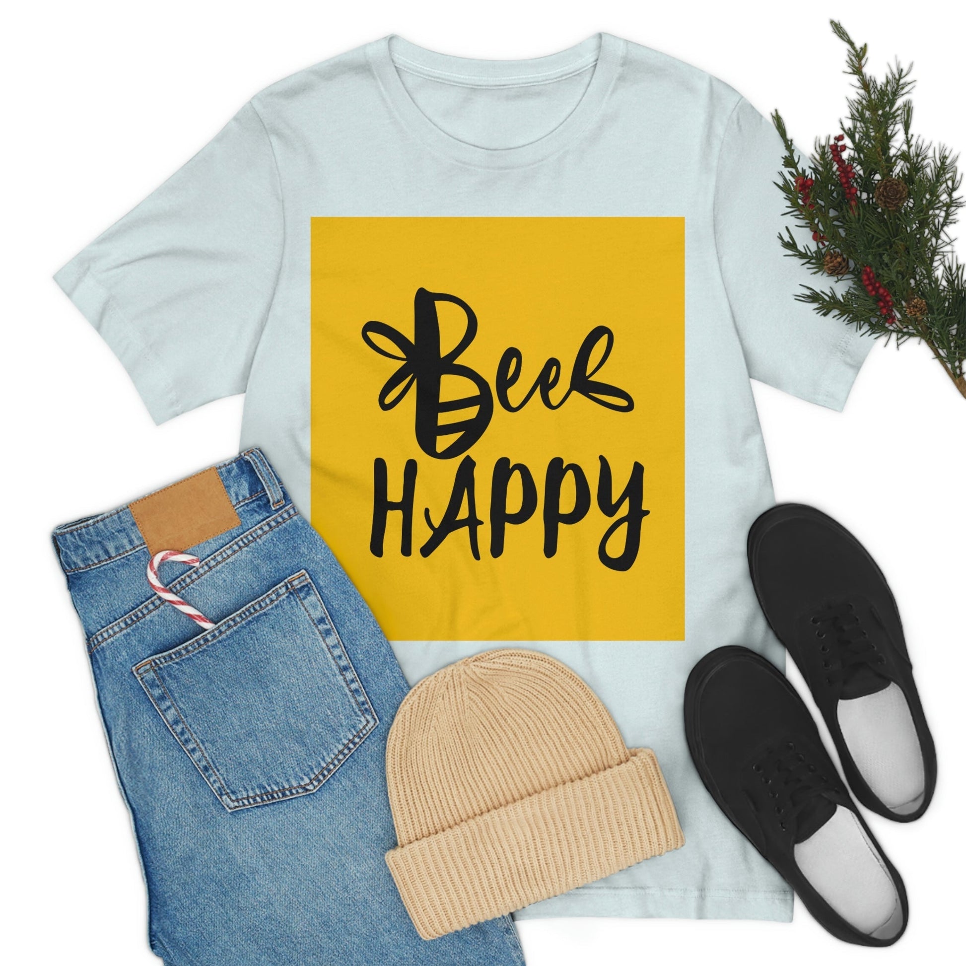 Bee Happy Positive Motivational Slogans Unisex Jersey Short Sleeve T-Shirt Ichaku [Perfect Gifts Selection]