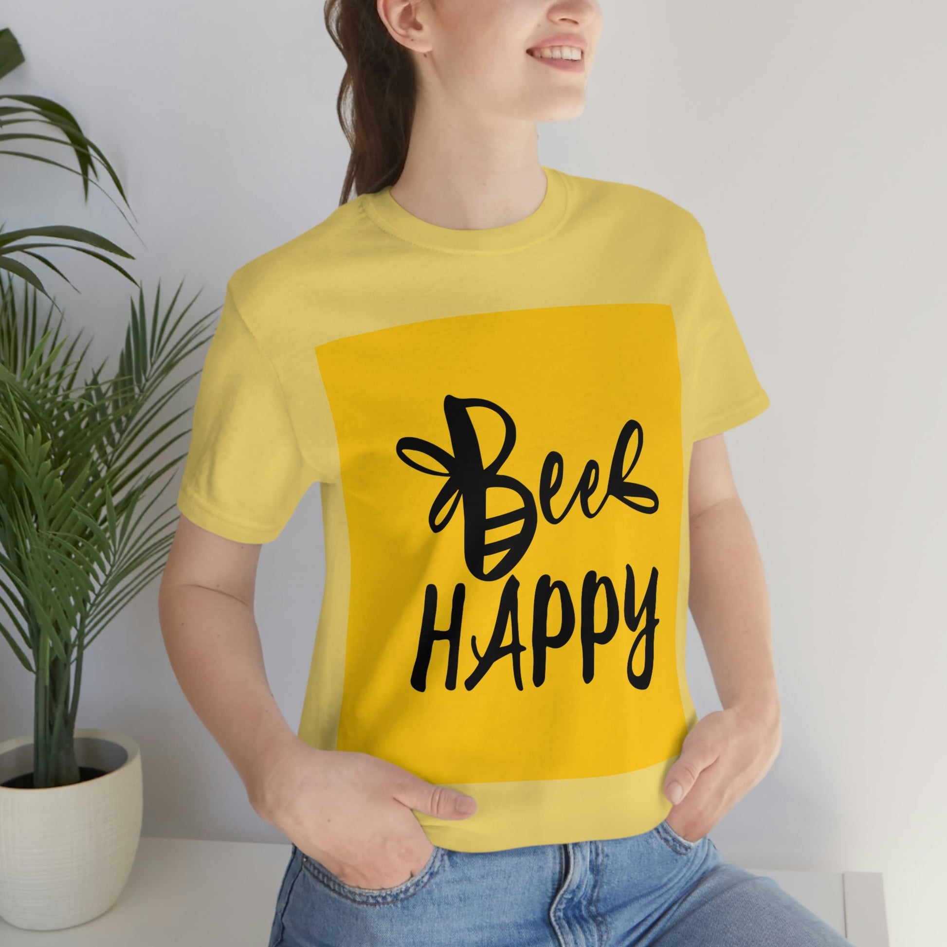 Bee Happy Positive Motivational Slogans Unisex Jersey Short Sleeve T-Shirt Ichaku [Perfect Gifts Selection]