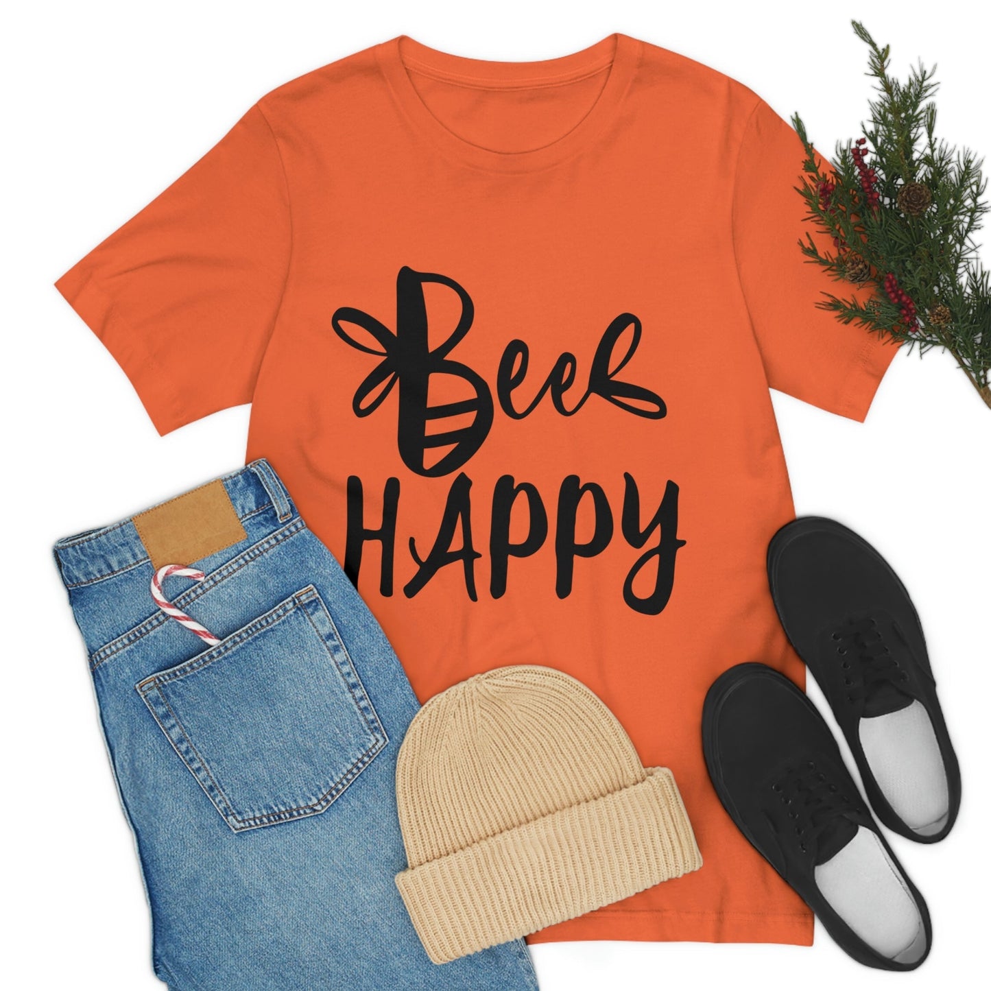 Bee Happy Positive Motivational Slogans Unisex Jersey Short Sleeve T-Shirt Ichaku [Perfect Gifts Selection]