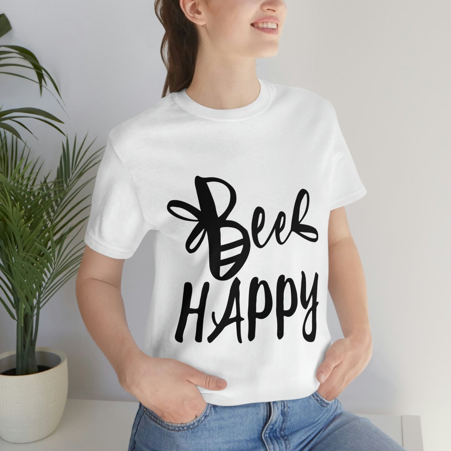 Bee Happy Positive Motivational Slogans Unisex Jersey Short Sleeve T-Shirt Ichaku [Perfect Gifts Selection]