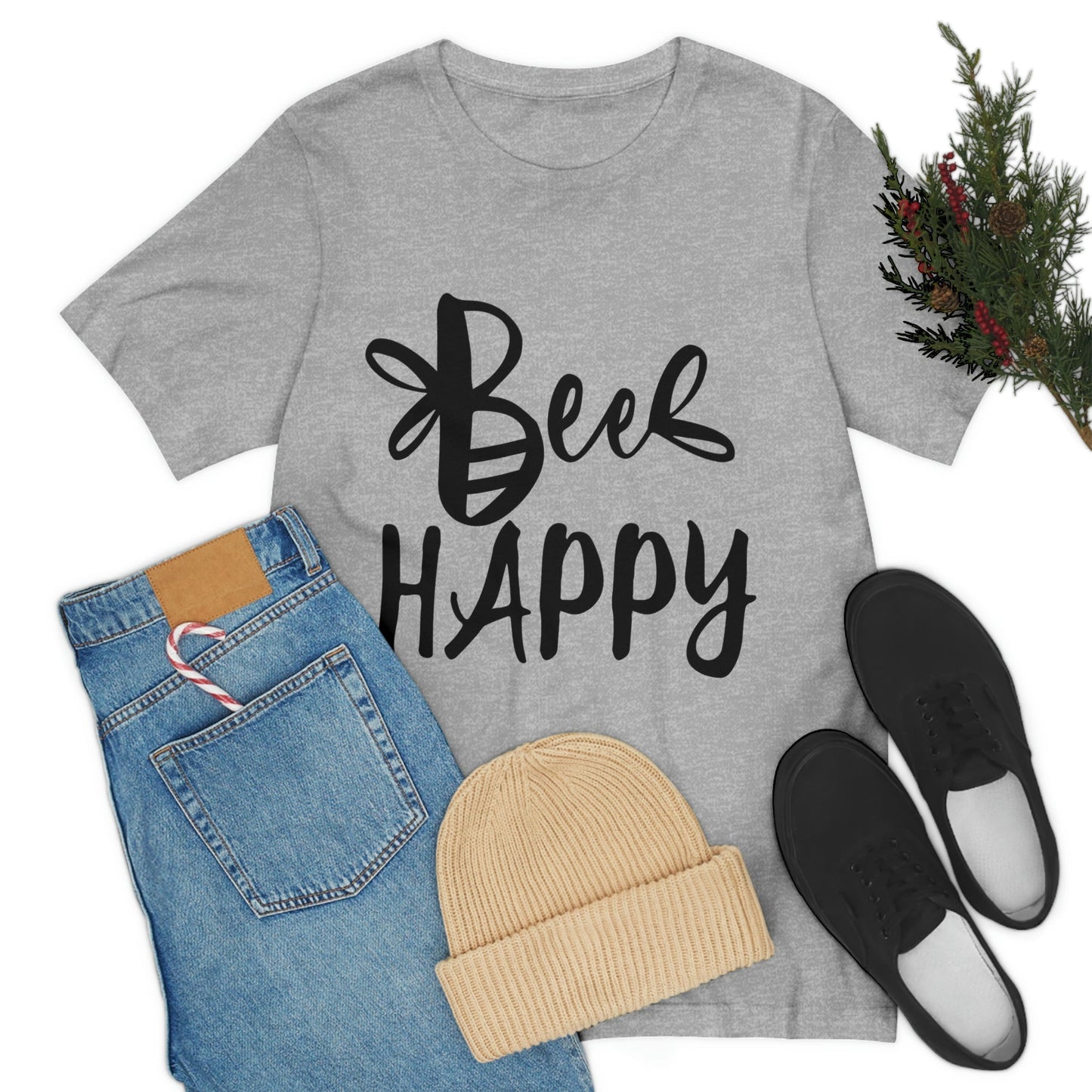 Bee Happy Positive Motivational Slogans Unisex Jersey Short Sleeve T-Shirt Ichaku [Perfect Gifts Selection]