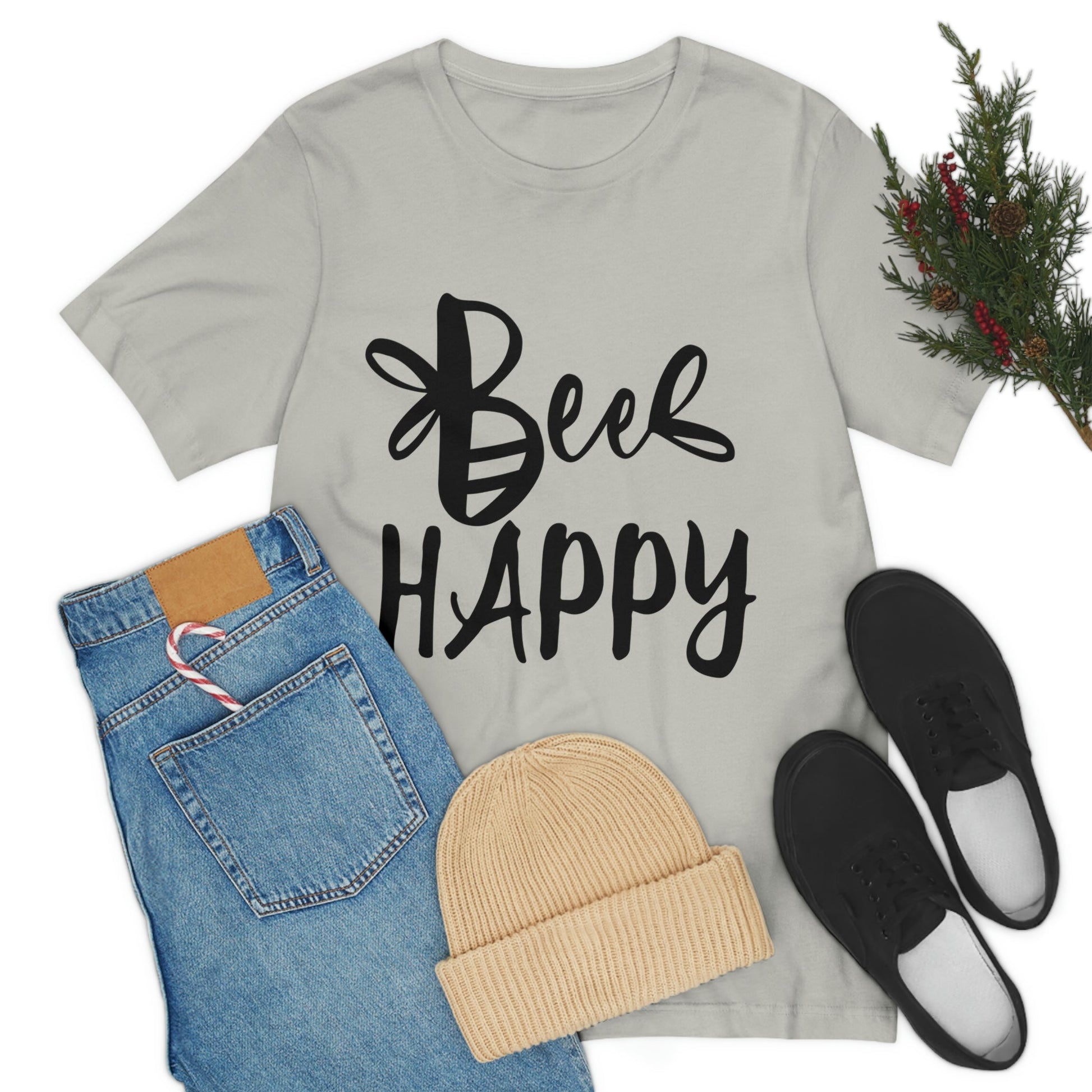 Bee Happy Positive Motivational Slogans Unisex Jersey Short Sleeve T-Shirt Ichaku [Perfect Gifts Selection]