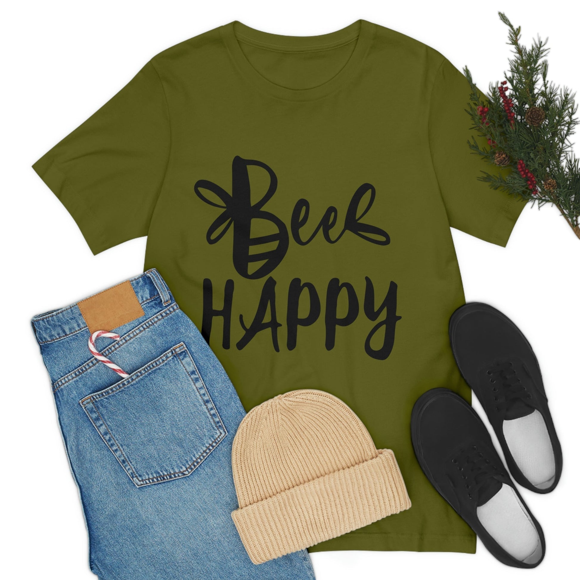 Bee Happy Positive Motivational Slogans Unisex Jersey Short Sleeve T-Shirt Ichaku [Perfect Gifts Selection]