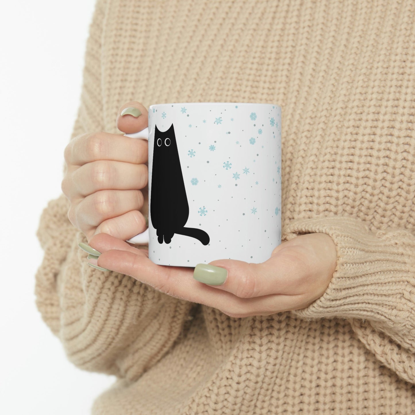 Black Cat Winter Snowflake Anime Art Ceramic Mug 11oz Ichaku [Perfect Gifts Selection]