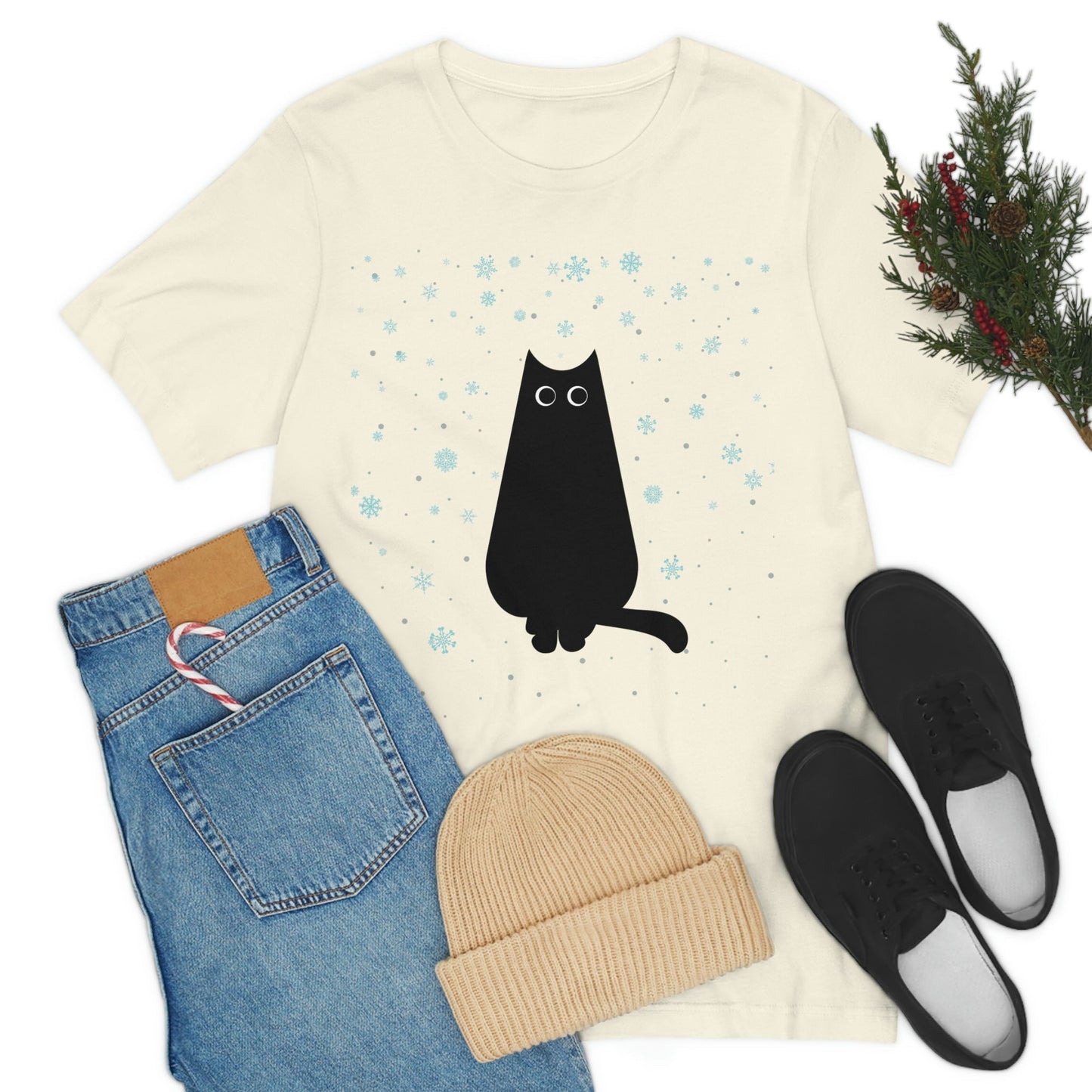 Black Cat Winter Snowflake Anime Art Unisex Jersey Short Sleeve T-Shirt Ichaku [Perfect Gifts Selection]