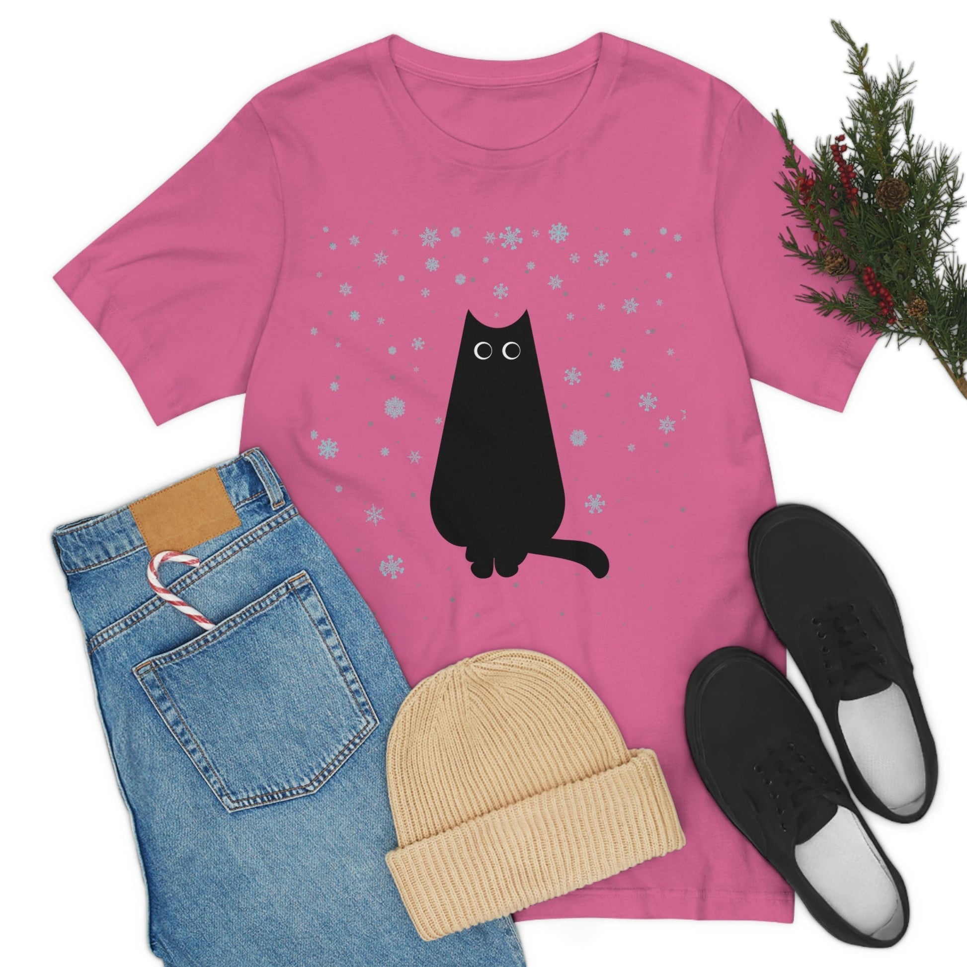 Black Cat Winter Snowflake Anime Art Unisex Jersey Short Sleeve T-Shirt Ichaku [Perfect Gifts Selection]