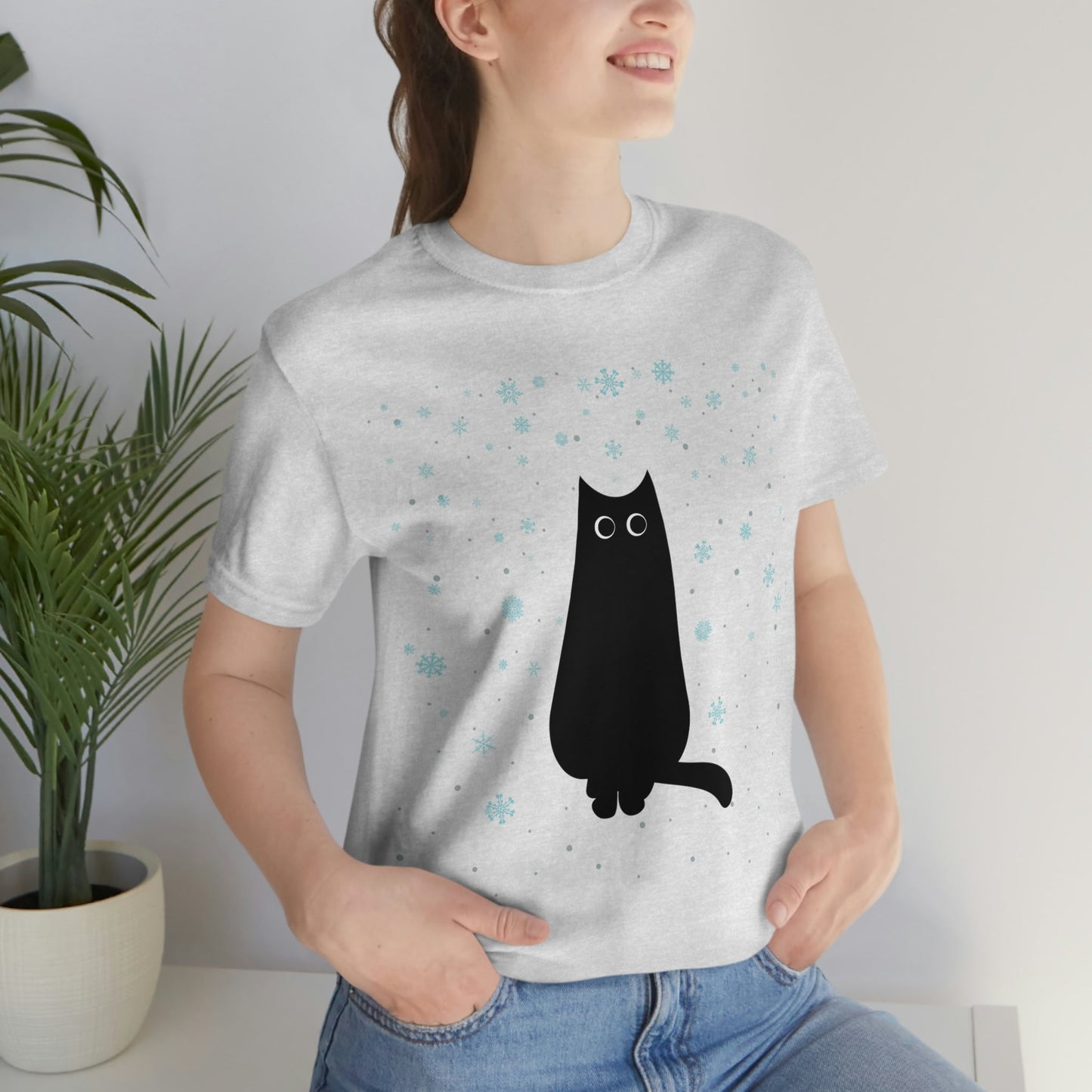 Black Cat Winter Snowflake Anime Art Unisex Jersey Short Sleeve T-Shirt Ichaku [Perfect Gifts Selection]