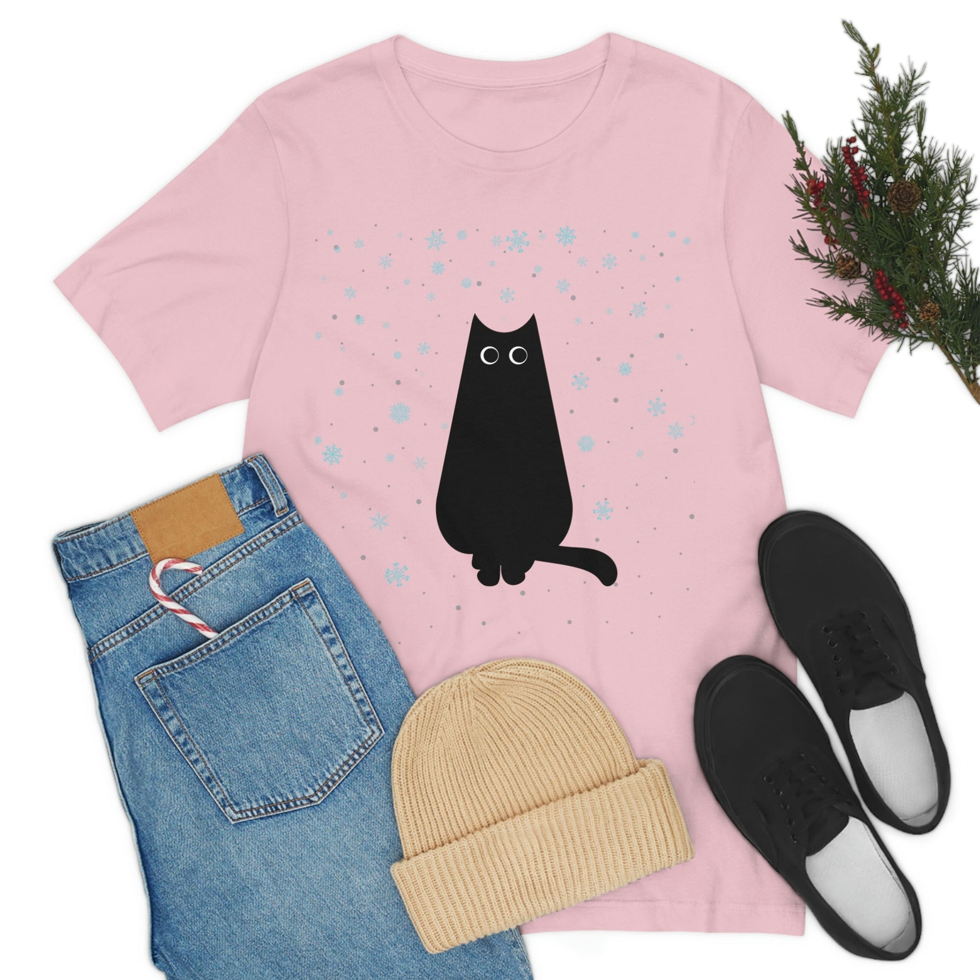Black Cat Winter Snowflake Anime Art Unisex Jersey Short Sleeve T-Shirt Ichaku [Perfect Gifts Selection]