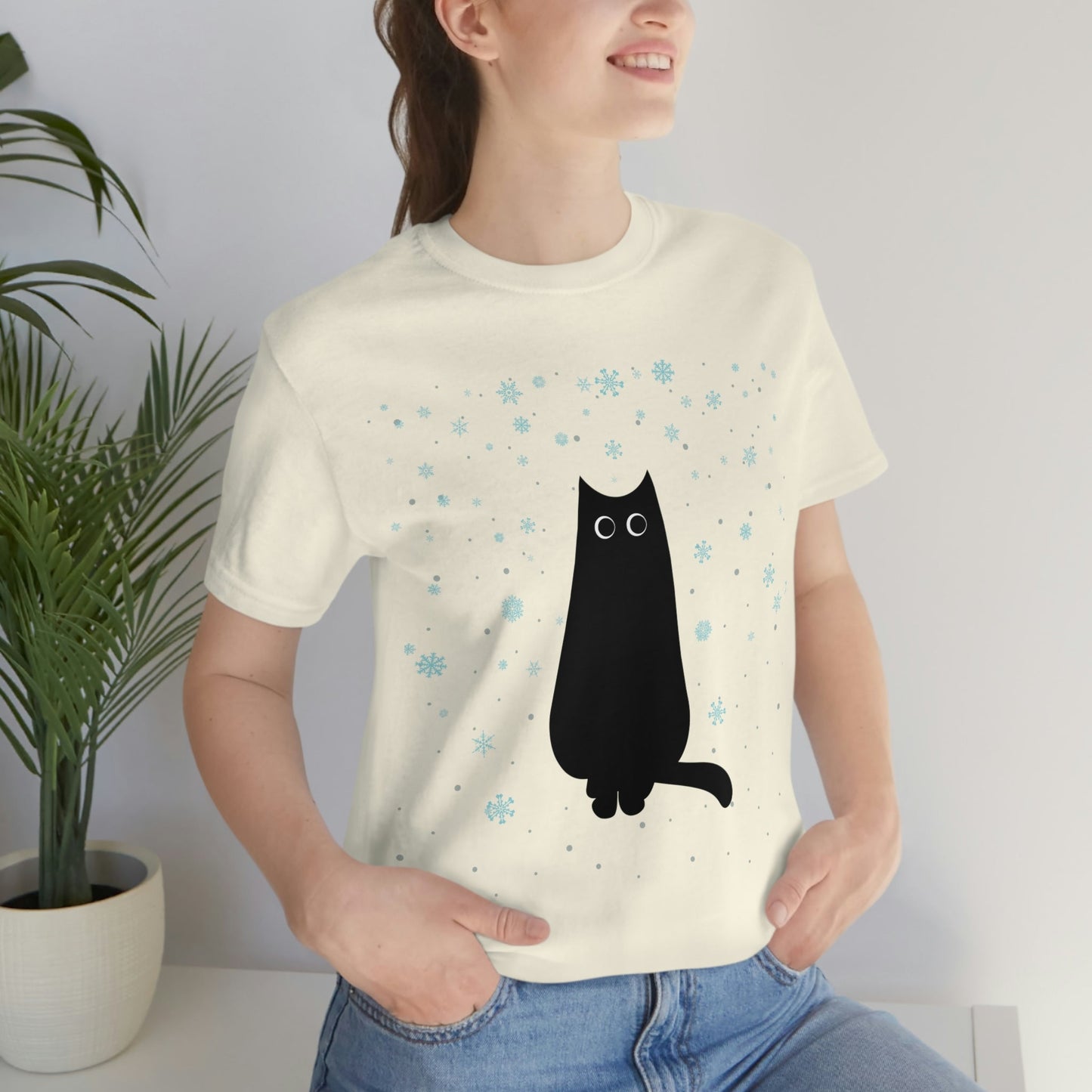 Black Cat Winter Snowflake Anime Art Unisex Jersey Short Sleeve T-Shirt Ichaku [Perfect Gifts Selection]