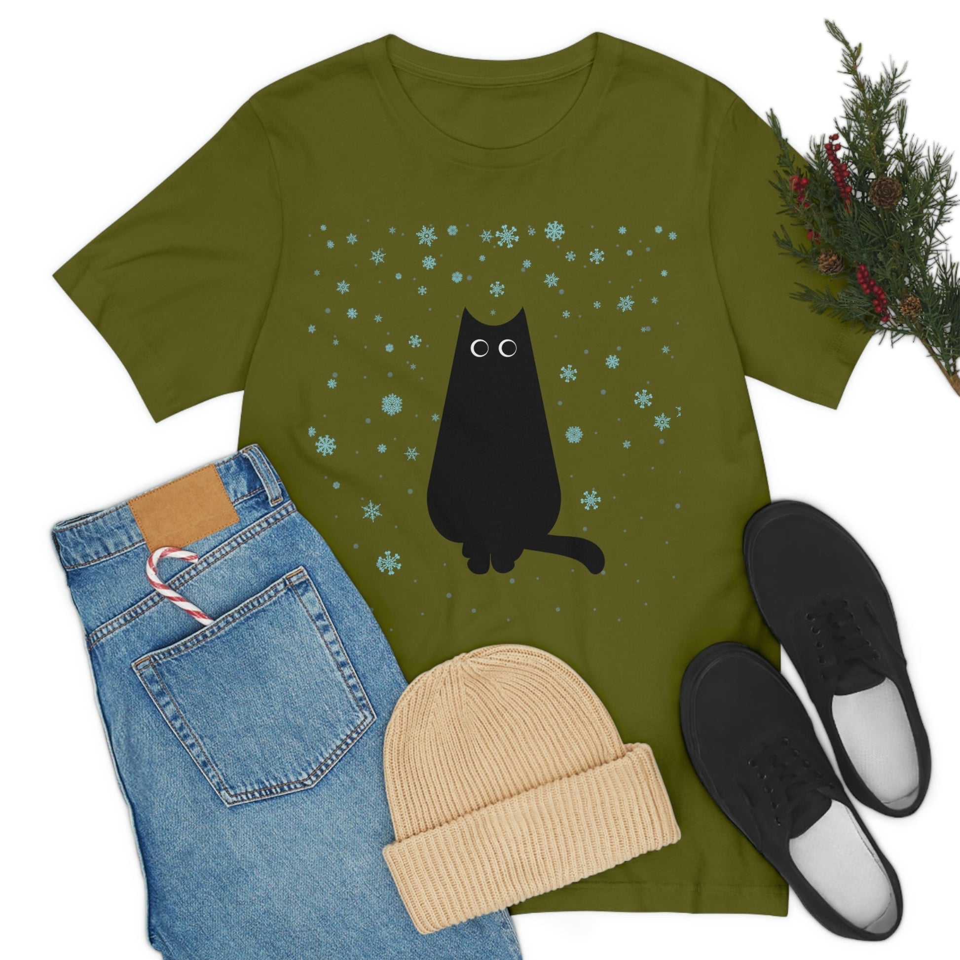 Black Cat Winter Snowflake Anime Art Unisex Jersey Short Sleeve T-Shirt Ichaku [Perfect Gifts Selection]