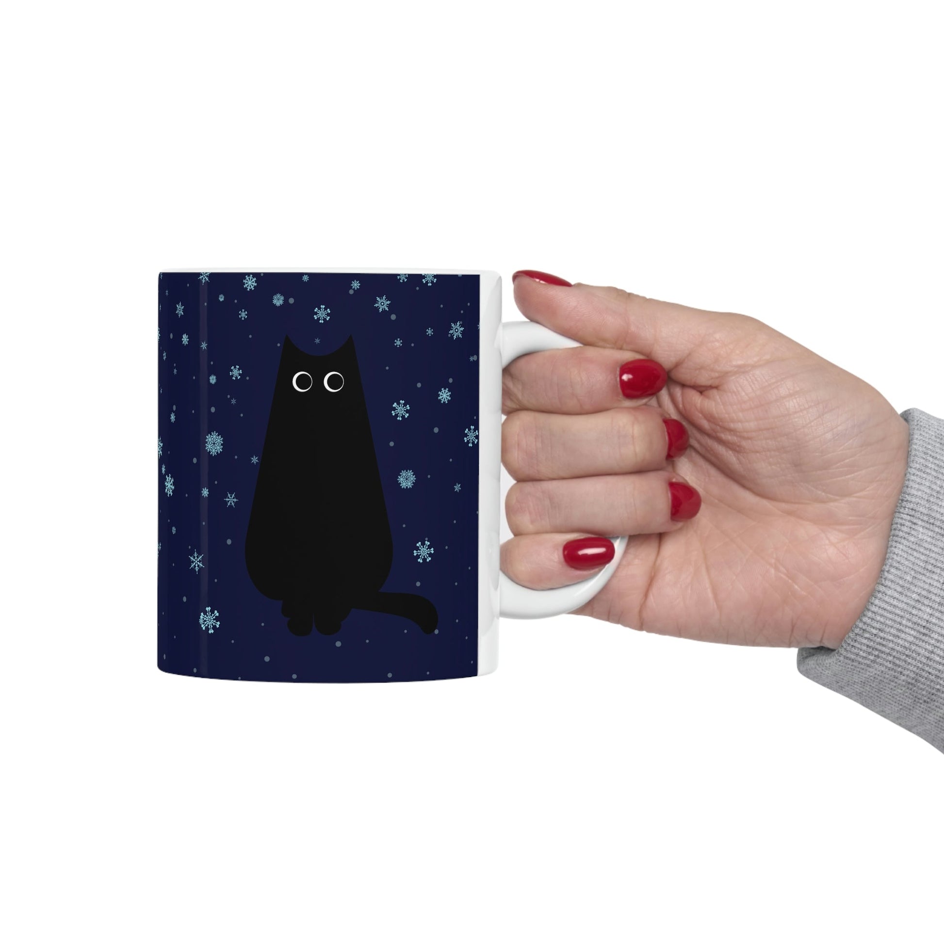 Black Cat Winter Snowflake Anime Art With Background Ceramic Mug 11oz Ichaku [Perfect Gifts Selection]