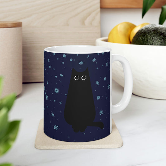 Black Cat Winter Snowflake Anime Art With Background Ceramic Mug 11oz Ichaku [Perfect Gifts Selection]