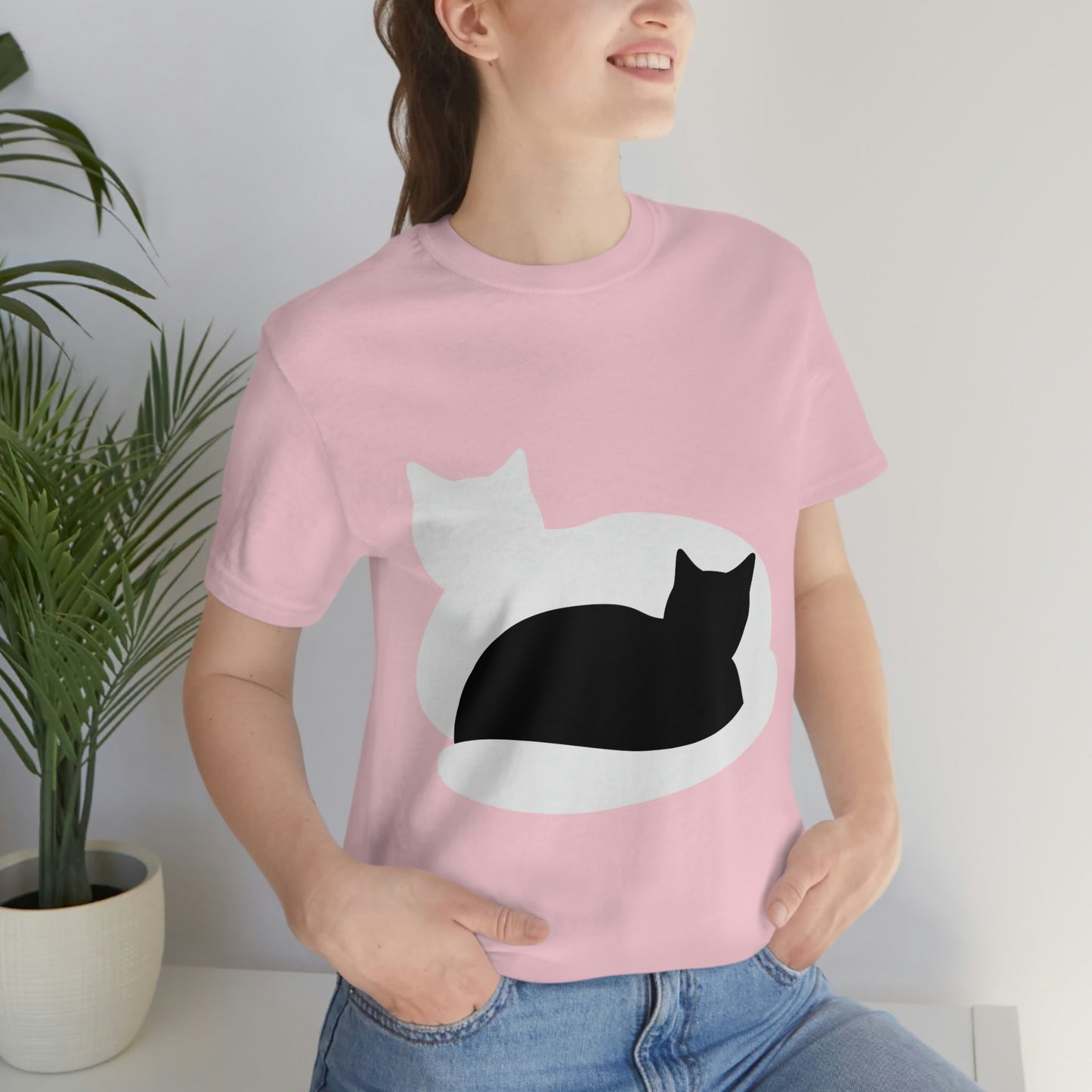 Black White Cat with Shadow Dzen Animals Lovers Unisex Jersey Short Sleeve T-Shirt Ichaku [Perfect Gifts Selection]