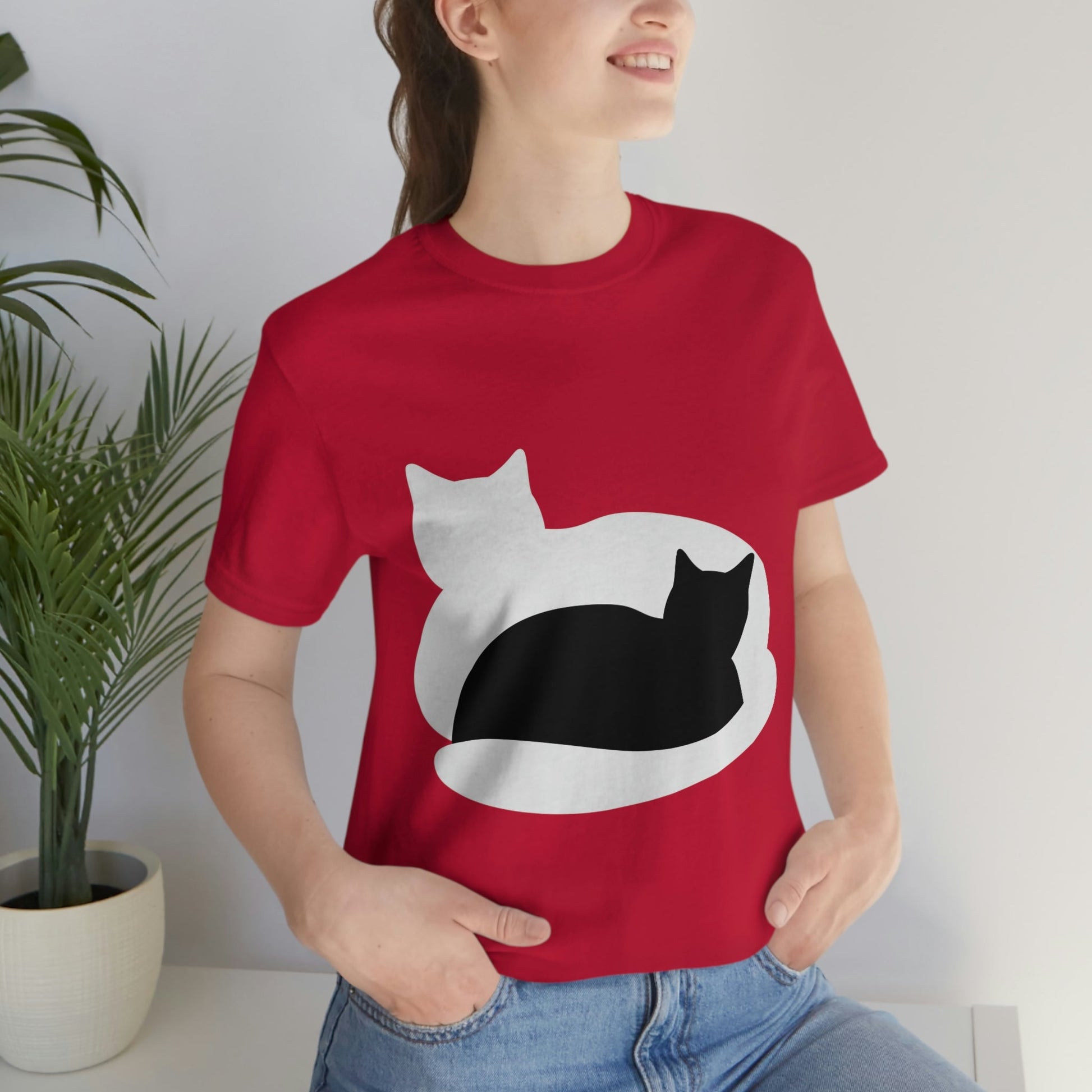 Black White Cat with Shadow Dzen Animals Lovers Unisex Jersey Short Sleeve T-Shirt Ichaku [Perfect Gifts Selection]