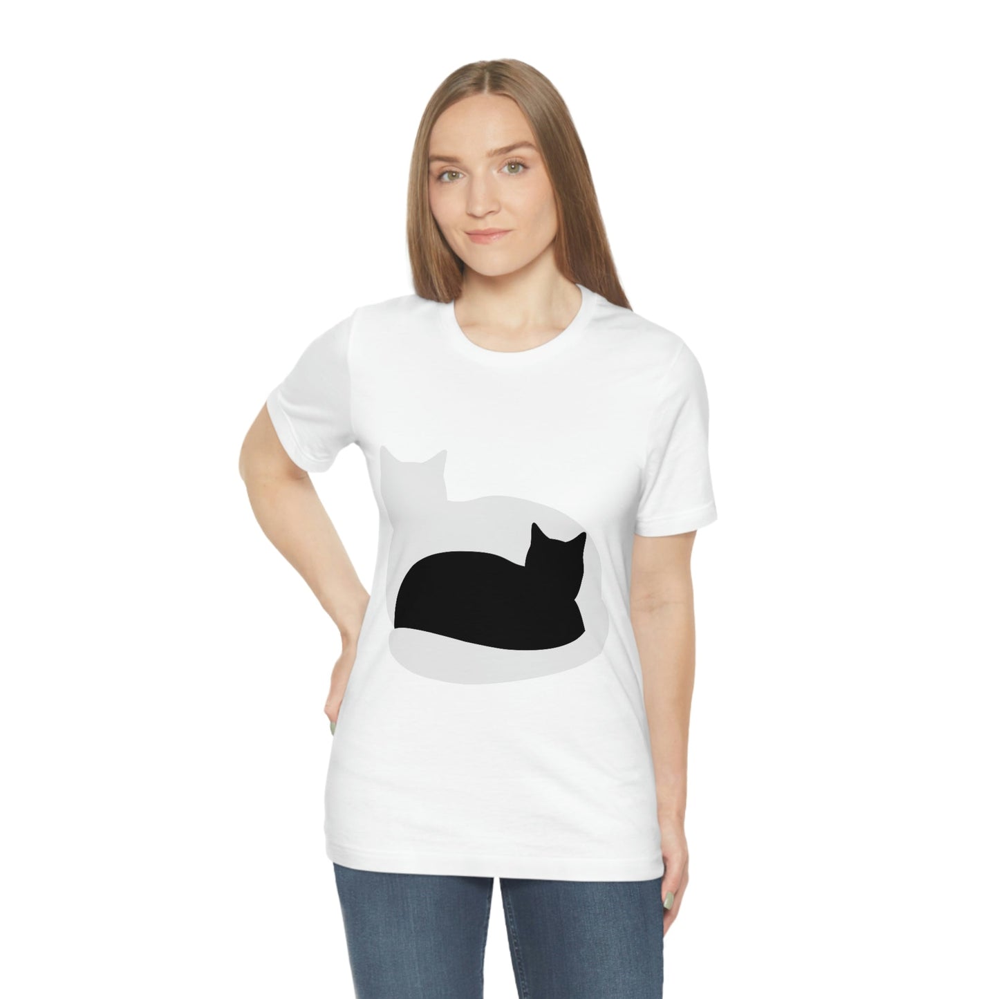 Black White Cat with Shadow Dzen Animals Lovers Unisex Jersey Short Sleeve T-Shirt Ichaku [Perfect Gifts Selection]