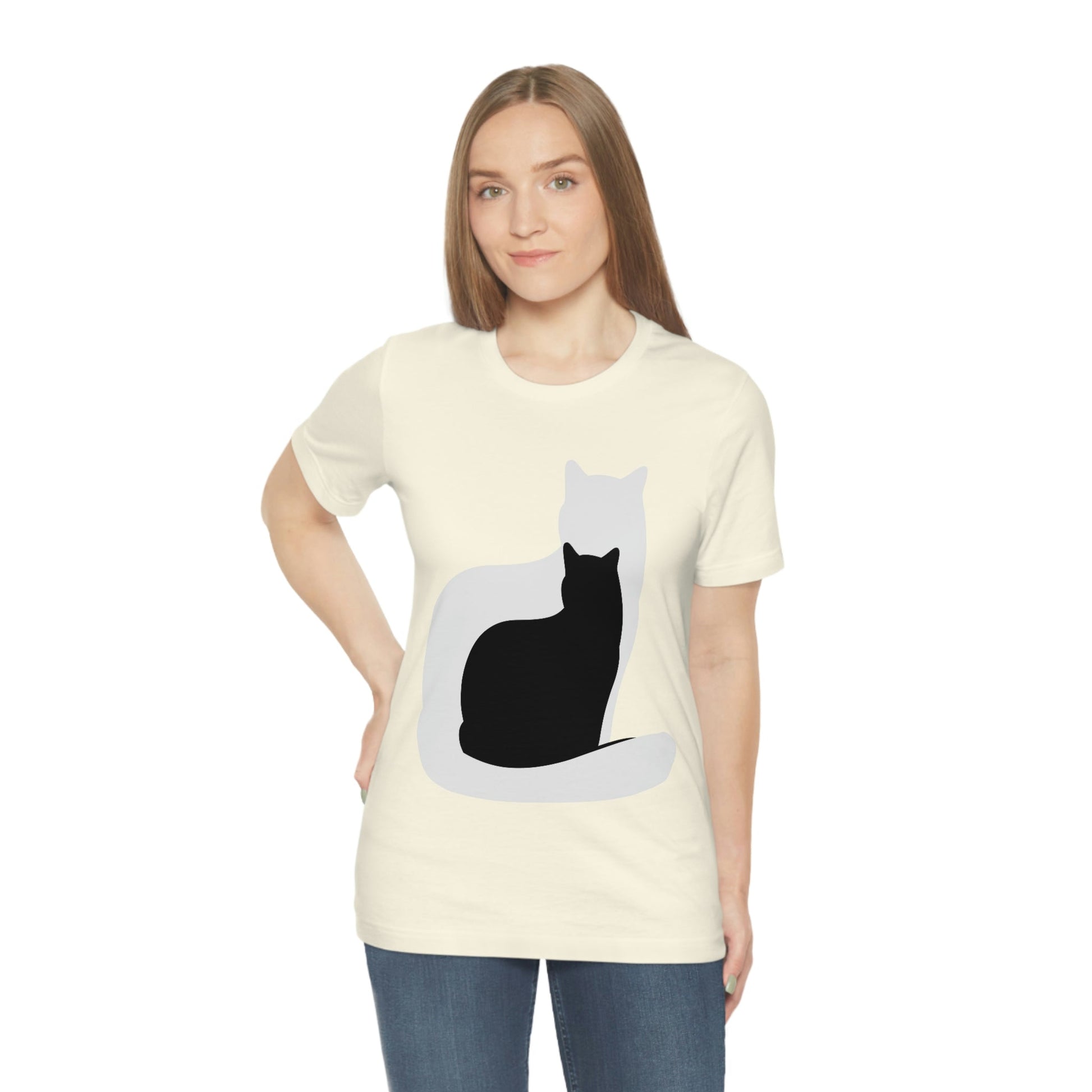 Black White Cat with Shadow Dzen Animals Lovers Unisex Jersey Short Sleeve T-Shirt Ichaku [Perfect Gifts Selection]