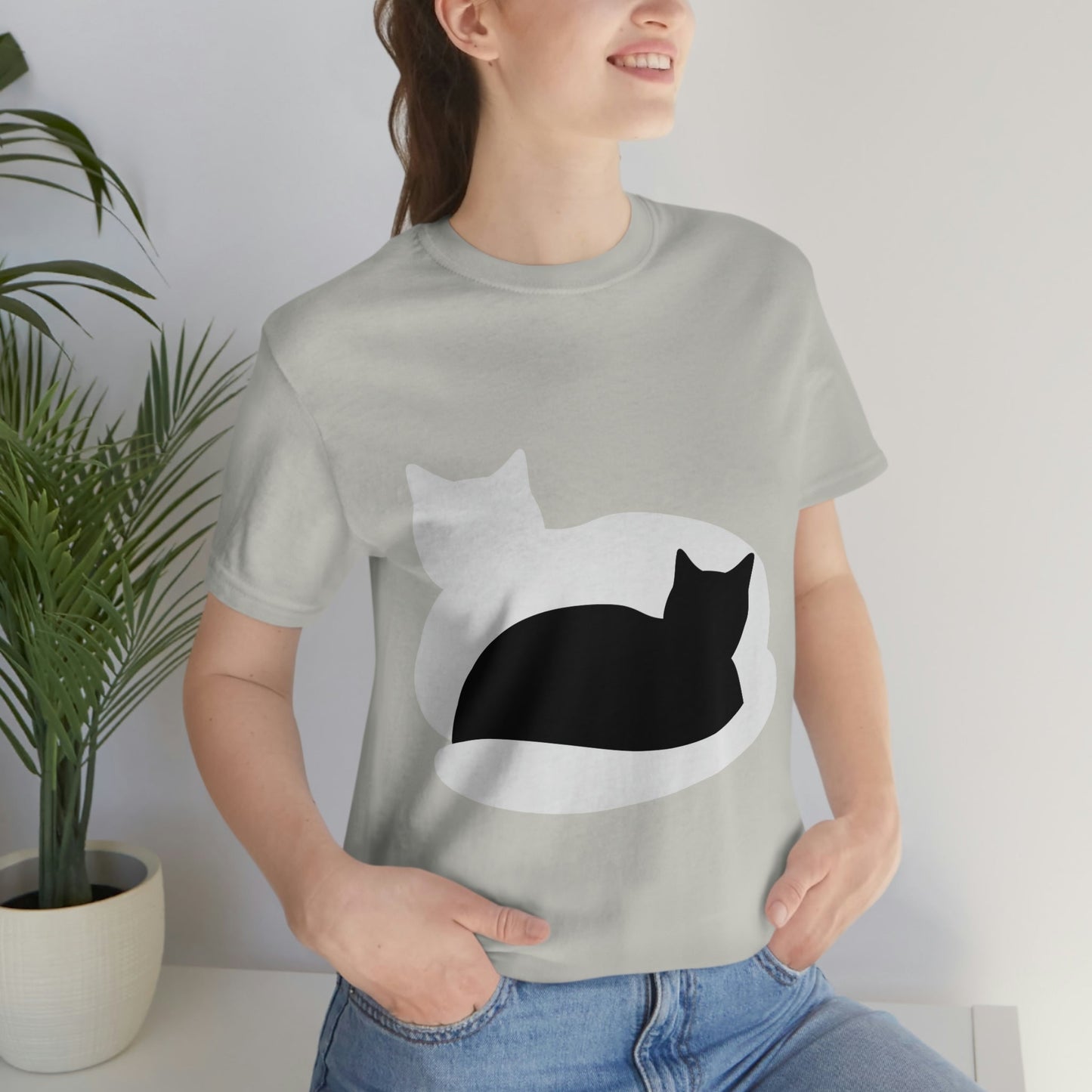 Black White Cat with Shadow Dzen Animals Lovers Unisex Jersey Short Sleeve T-Shirt Ichaku [Perfect Gifts Selection]