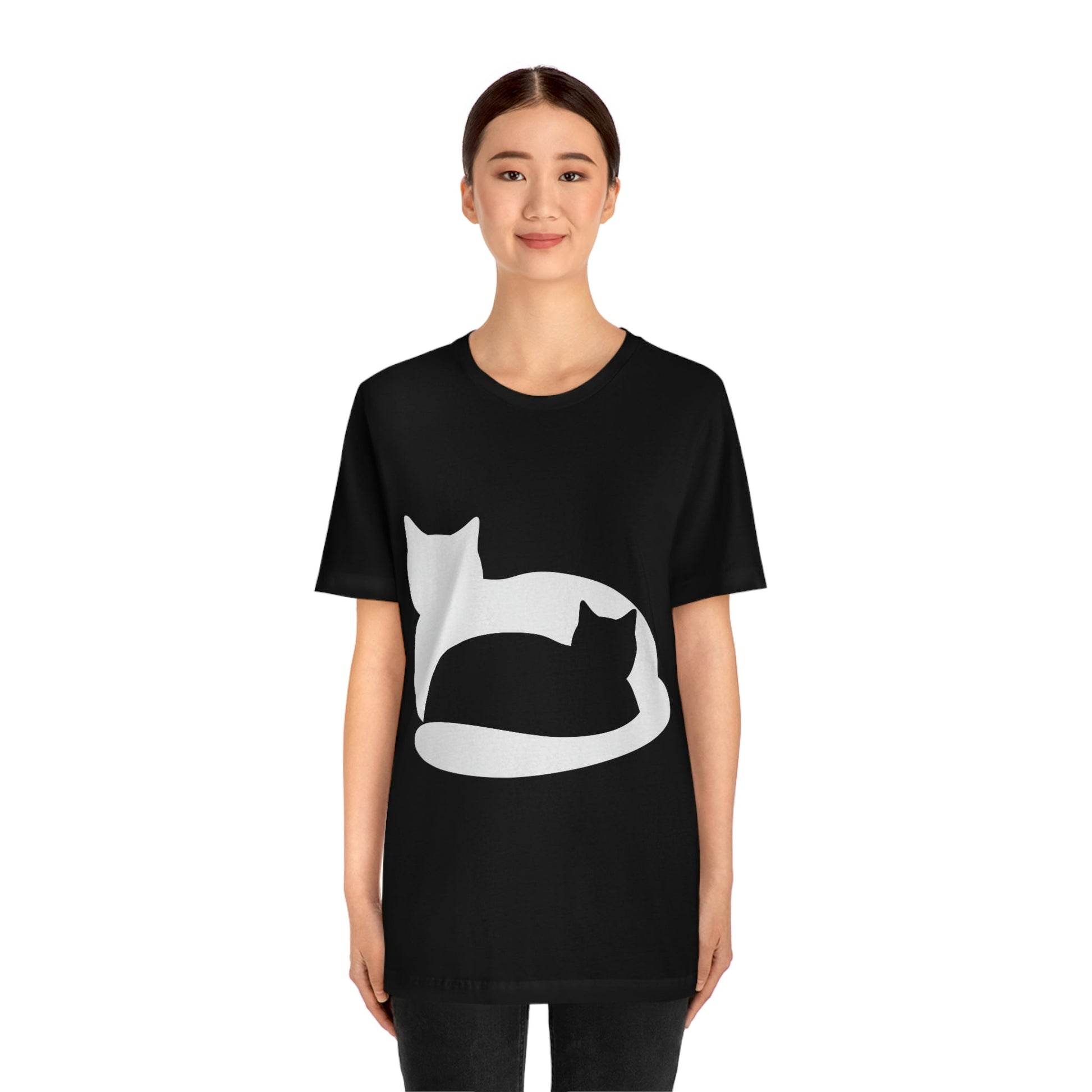 Black White Cat with Shadow Dzen Animals Lovers Unisex Jersey Short Sleeve T-Shirt Ichaku [Perfect Gifts Selection]