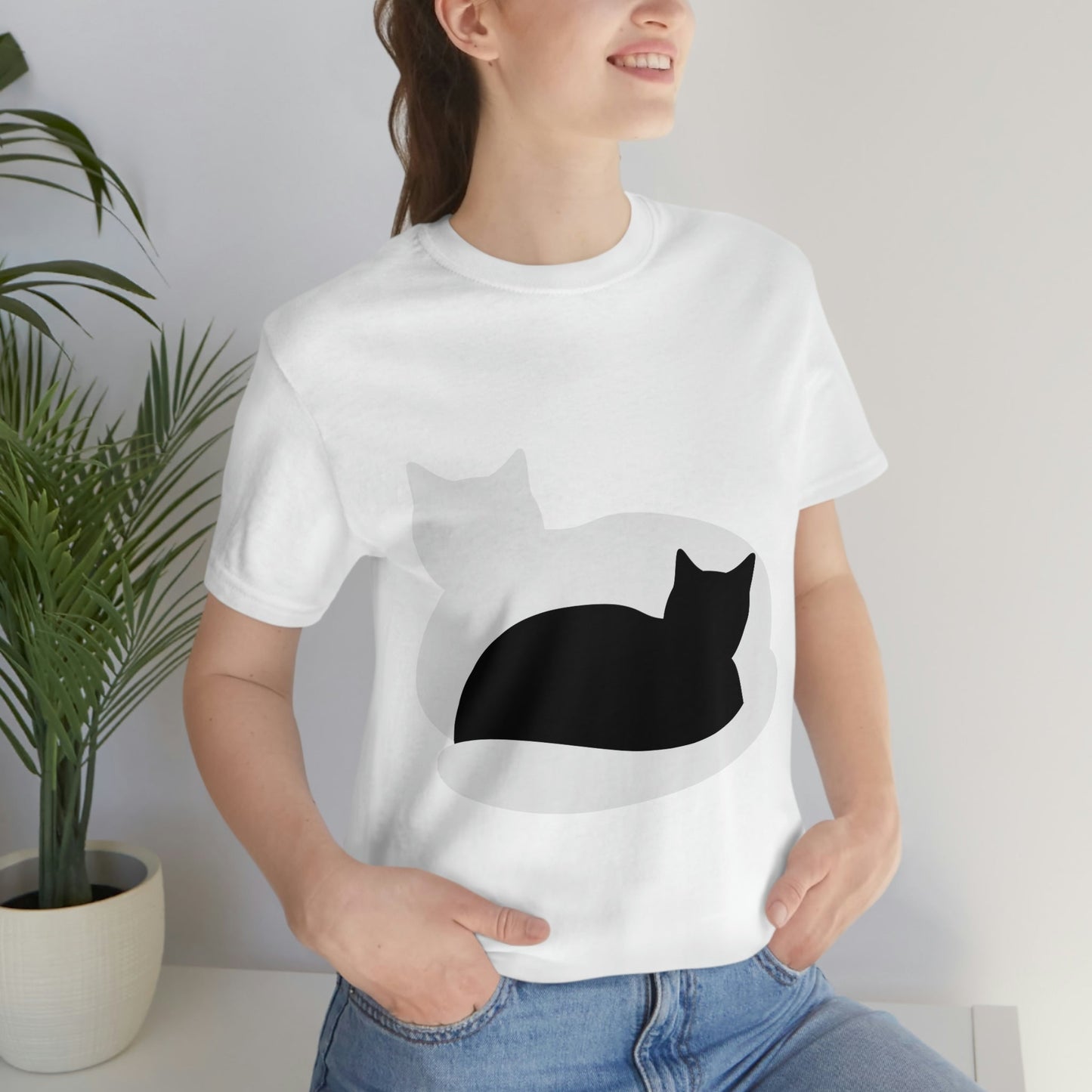 Black White Cat with Shadow Dzen Animals Lovers Unisex Jersey Short Sleeve T-Shirt Ichaku [Perfect Gifts Selection]