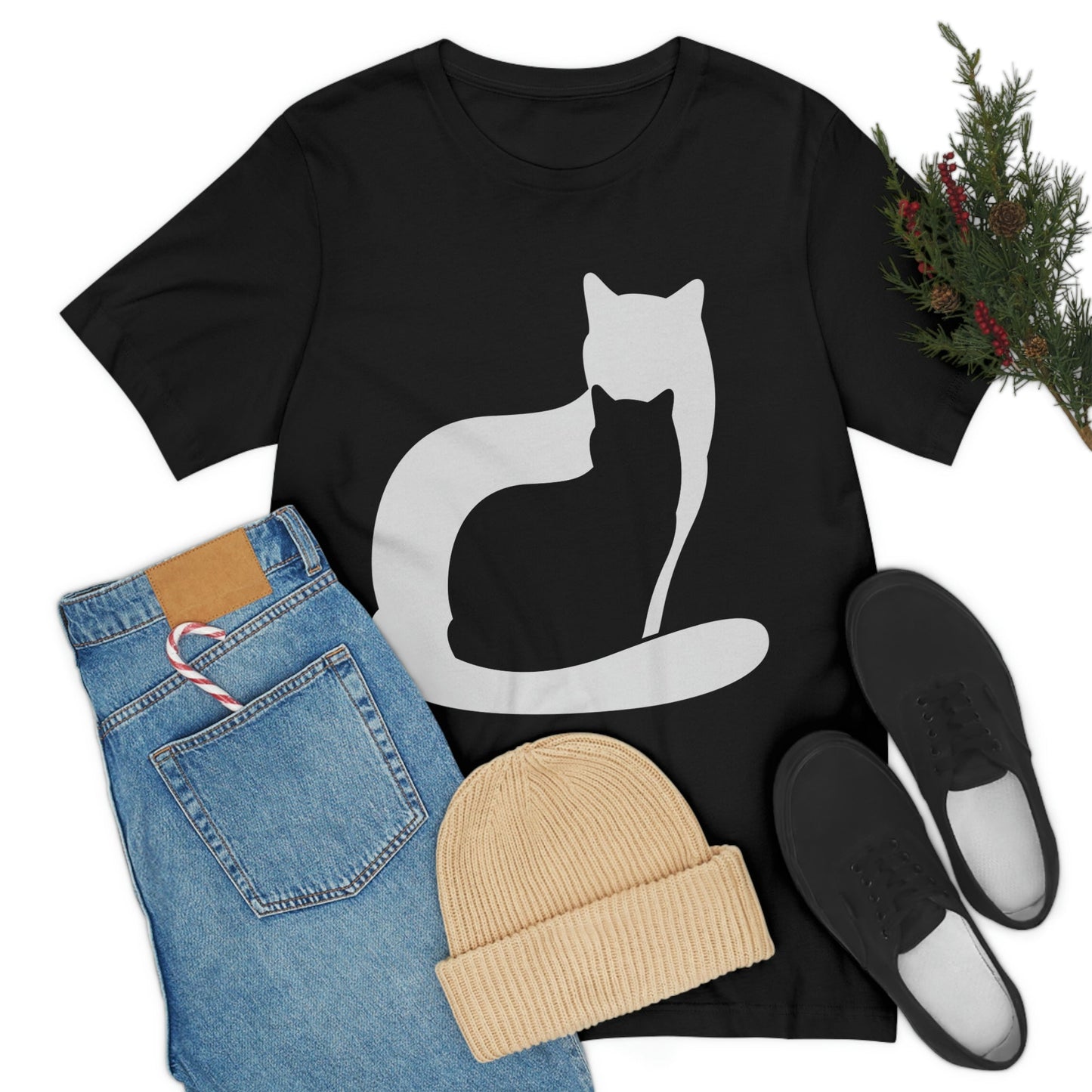 Black White Cat with Shadow Dzen Animals Lovers Unisex Jersey Short Sleeve T-Shirt Ichaku [Perfect Gifts Selection]