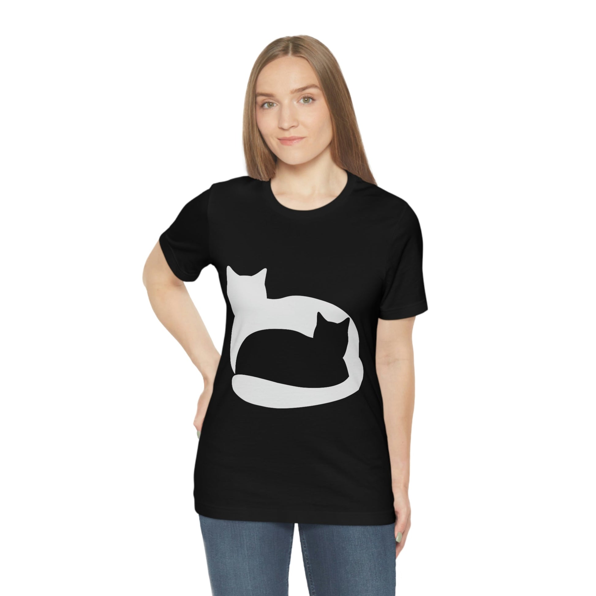 Black White Cat with Shadow Dzen Animals Lovers Unisex Jersey Short Sleeve T-Shirt Ichaku [Perfect Gifts Selection]